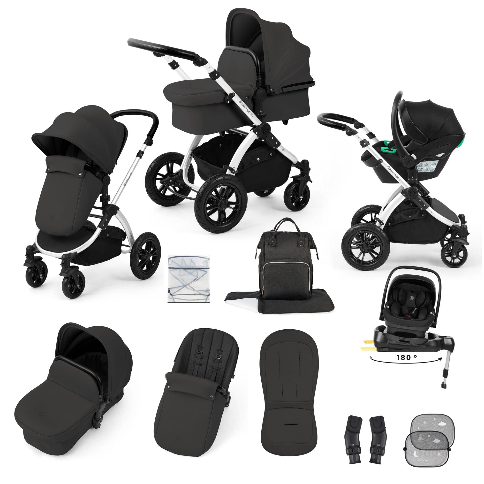 Ickle Bubba travel systems Ickle Bubba Stomp Luxe 12 Piece Travel System with i-Size Nimbus Car Seat & Spin Isofix Base - Charcoal Grey