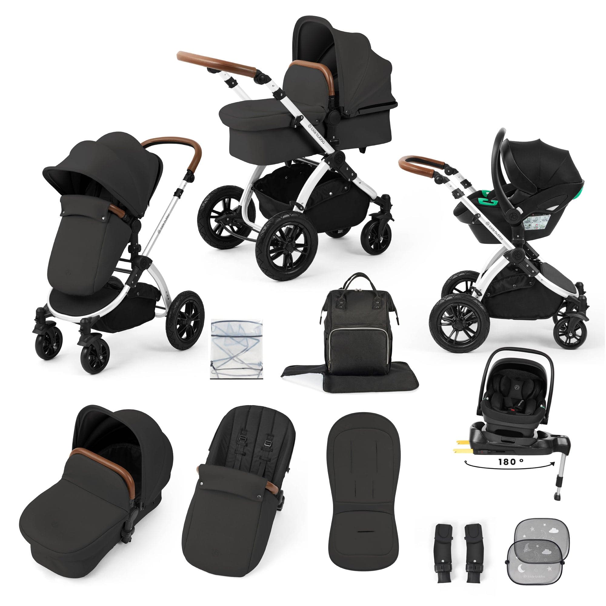Ickle Bubba travel systems Ickle Bubba Stomp Luxe 12 Piece Travel System with i-Size Nimbus Car Seat & Spin Isofix Base - Charcoal Grey