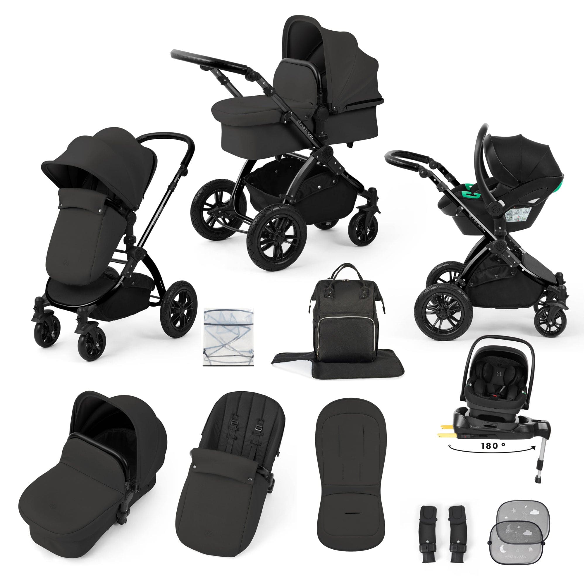 Ickle Bubba travel systems Ickle Bubba Stomp Luxe 12 Piece Travel System with i-Size Nimbus Car Seat & Spin Isofix Base - Charcoal Grey