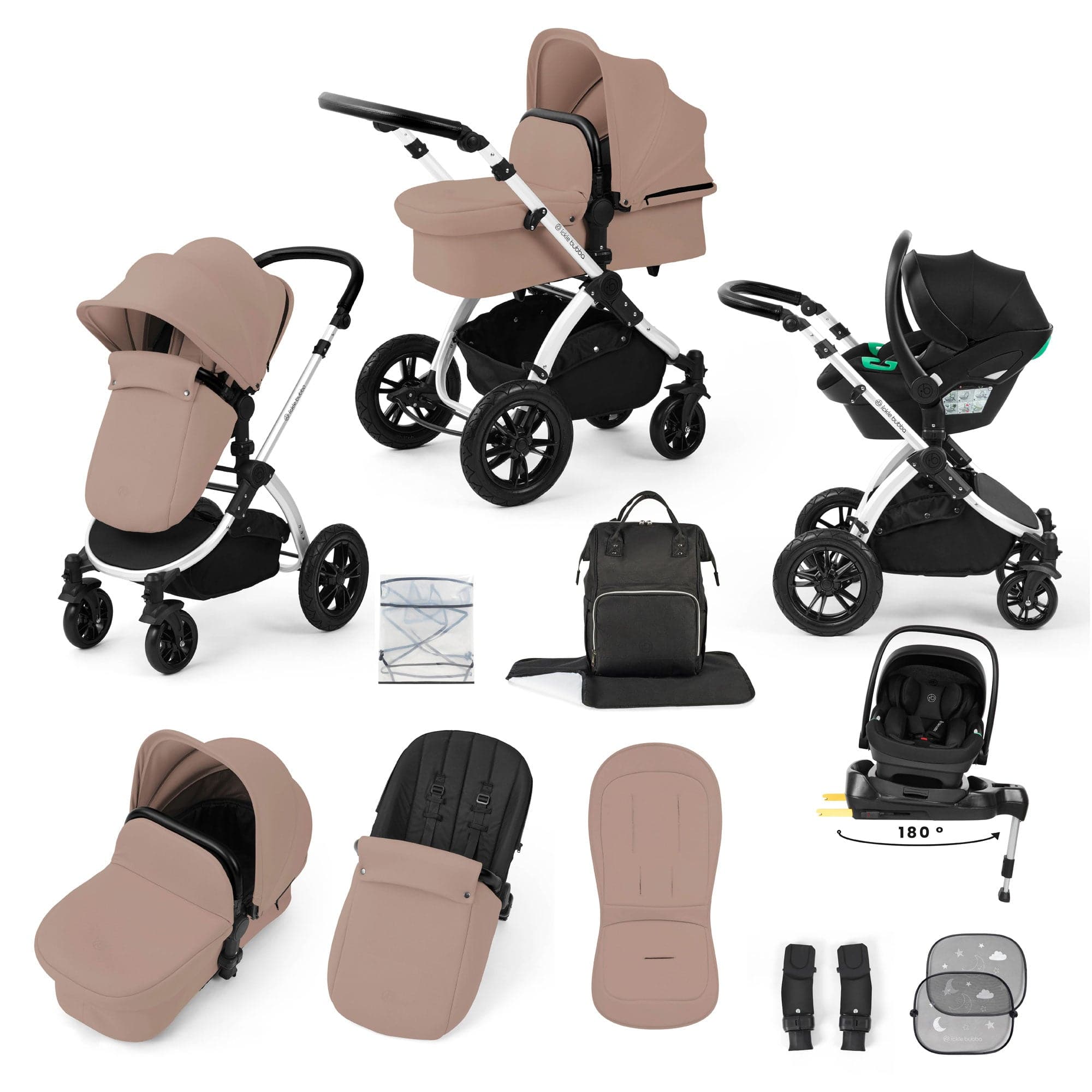 Ickle Bubba travel systems Ickle Bubba Stomp Luxe 12 Piece Travel System with i-Size Nimbus Car Seat & Spin Isofix Base - Desert