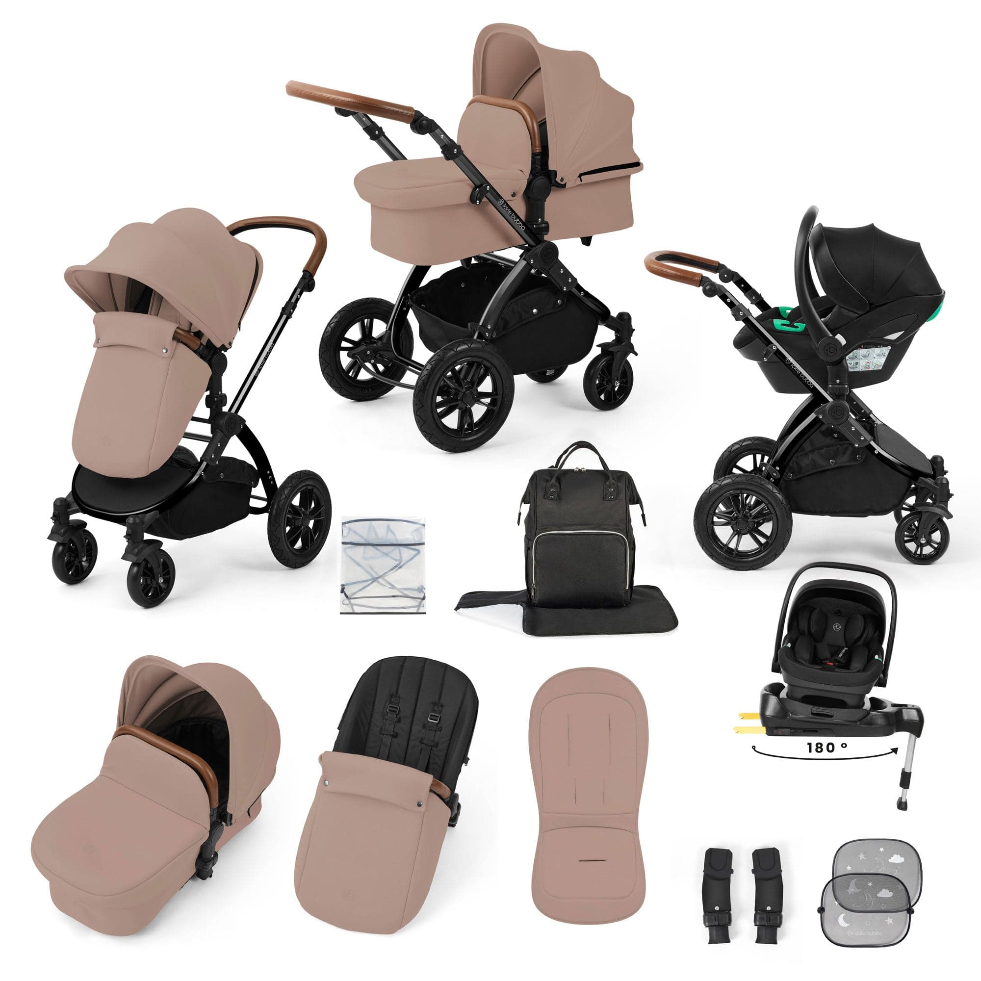 Ickle Bubba travel systems Ickle Bubba Stomp Luxe 12 Piece Travel System with i-Size Nimbus Car Seat & Spin Isofix Base - Desert