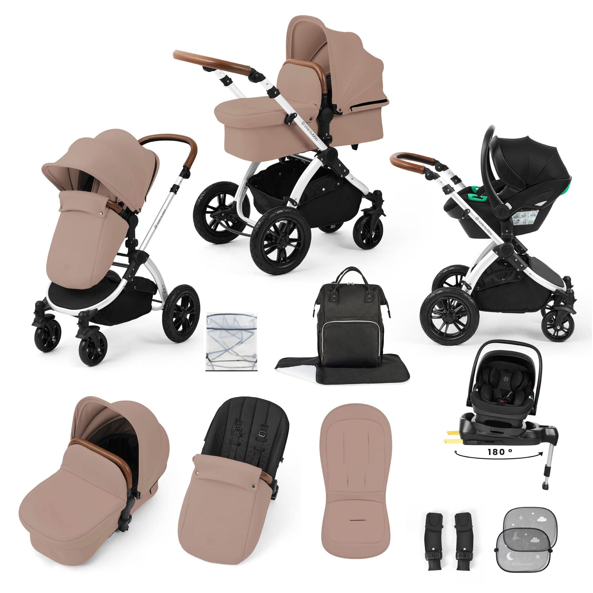 Ickle Bubba travel systems Ickle Bubba Stomp Luxe 12 Piece Travel System with i-Size Nimbus Car Seat & Spin Isofix Base - Desert