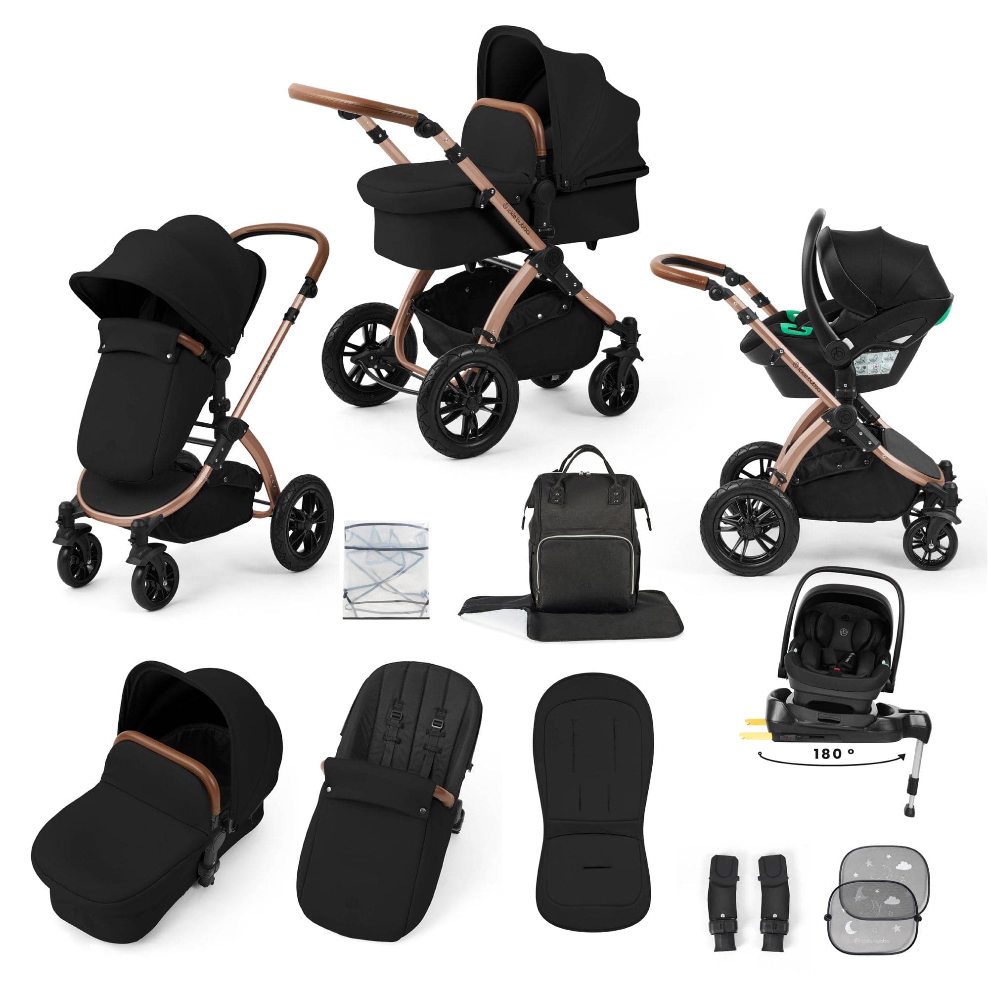 Ickle Bubba travel systems Ickle Bubba Stomp Luxe 12 Piece Travel System with i-Size Nimbus Car Seat & Spin Isofix Base - Midnight 10-011-330-021