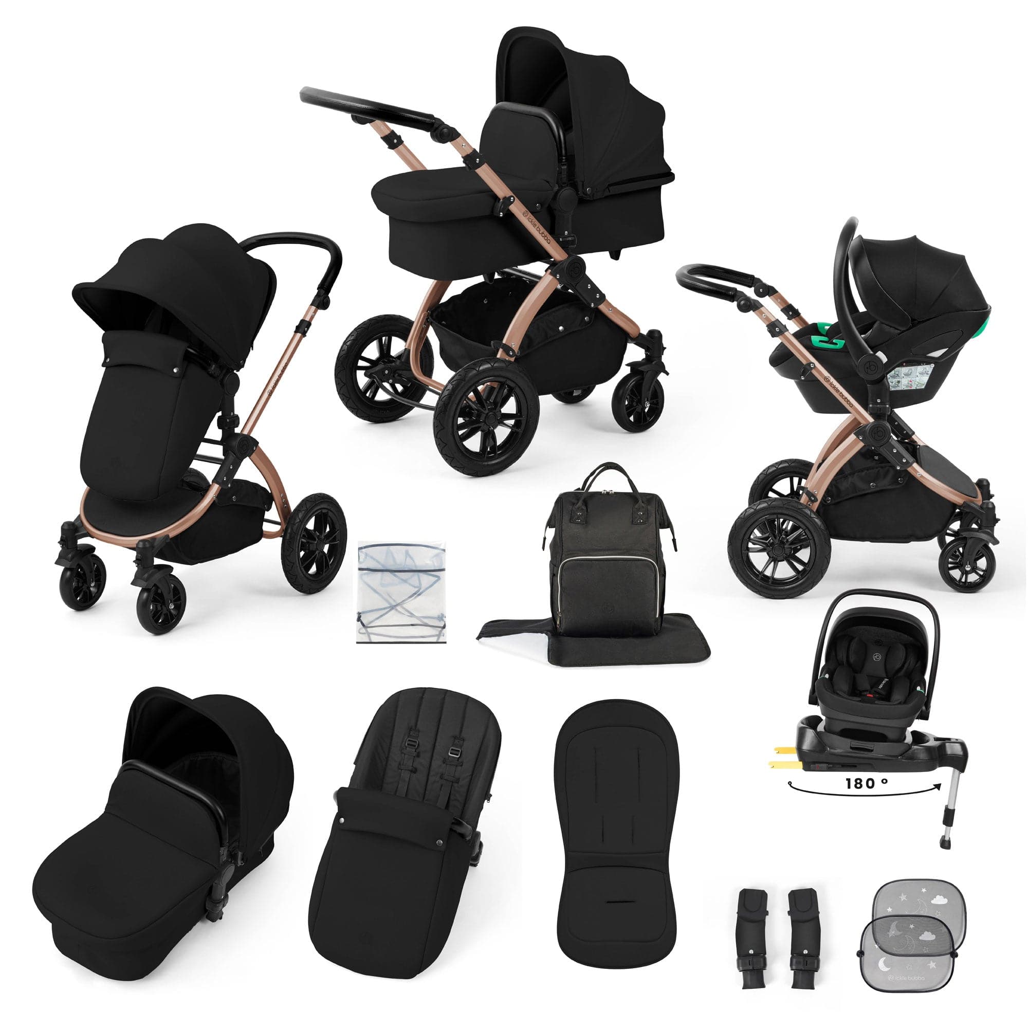 Ickle Bubba travel systems Ickle Bubba Stomp Luxe 12 Piece Travel System with i-Size Nimbus Car Seat & Spin Isofix Base - Midnight 10-011-330-139