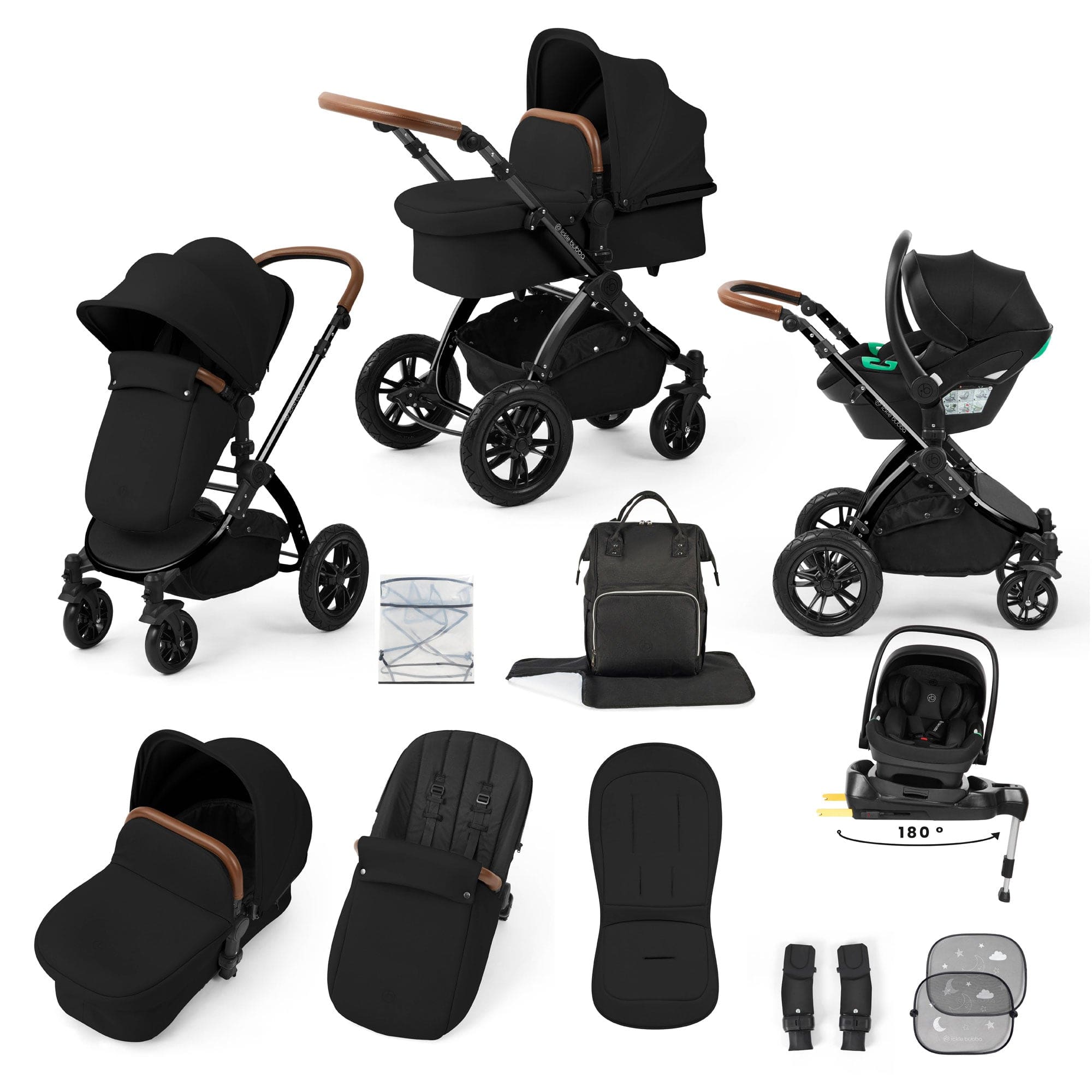 Ickle Bubba travel systems Ickle Bubba Stomp Luxe 12 Piece Travel System with i-Size Nimbus Car Seat & Spin Isofix Base - Midnight 10-011-330-203