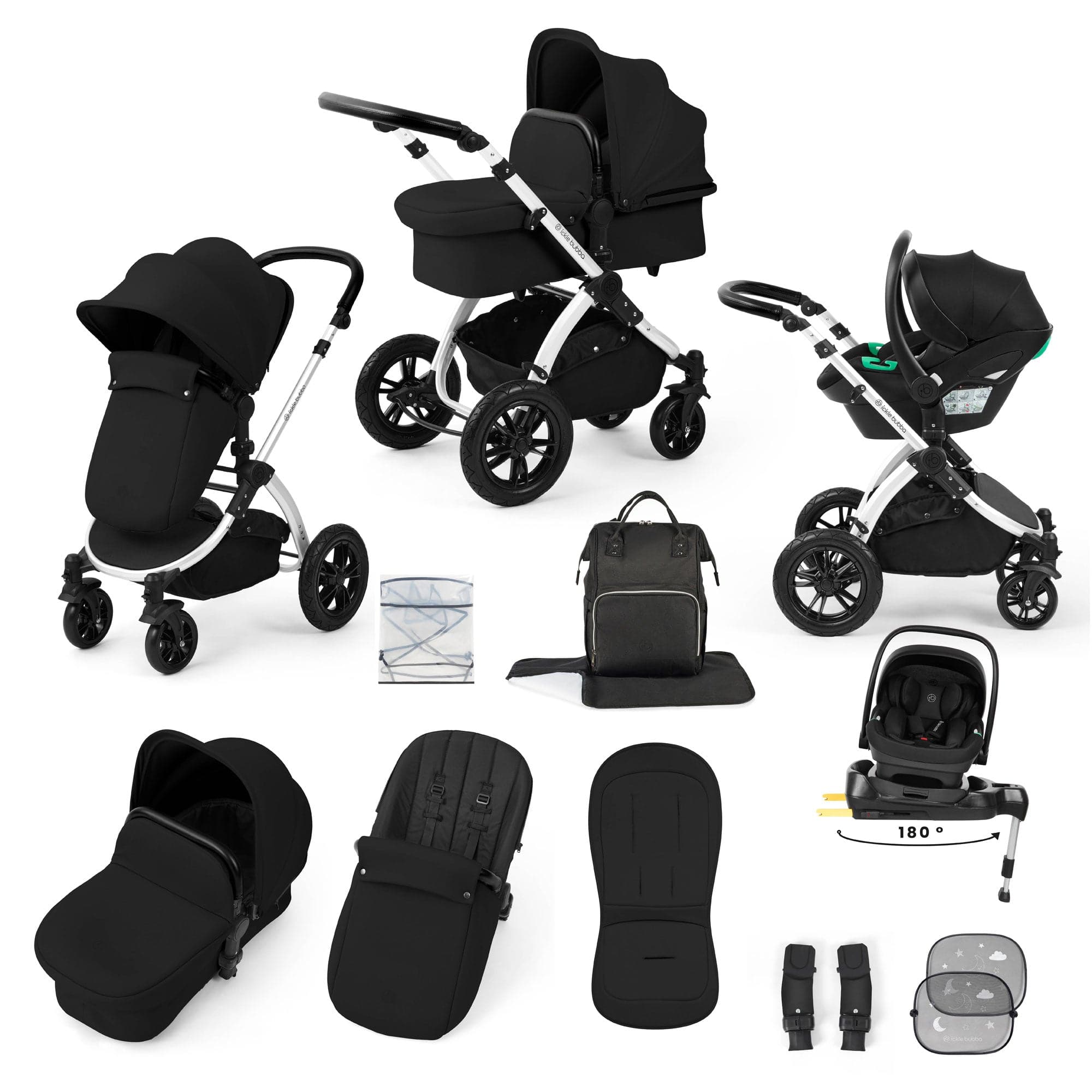 Ickle Bubba travel systems Ickle Bubba Stomp Luxe 12 Piece Travel System with i-Size Nimbus Car Seat & Spin Isofix Base - Midnight 10-011-330-249