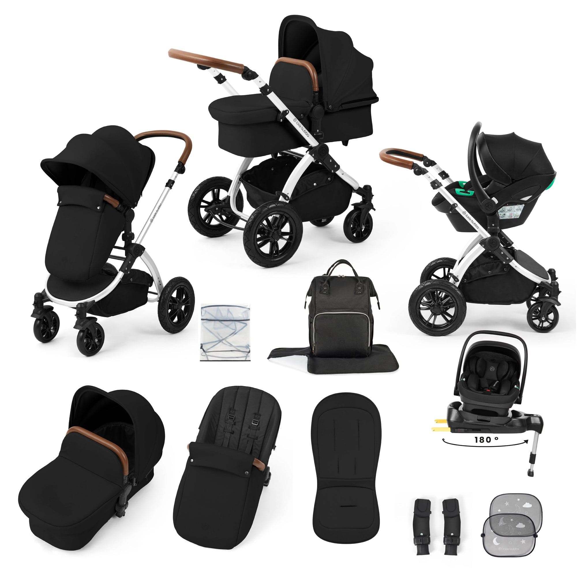 Ickle Bubba travel systems Ickle Bubba Stomp Luxe 12 Piece Travel System with i-Size Nimbus Car Seat & Spin Isofix Base - Midnight 10-011-330-250