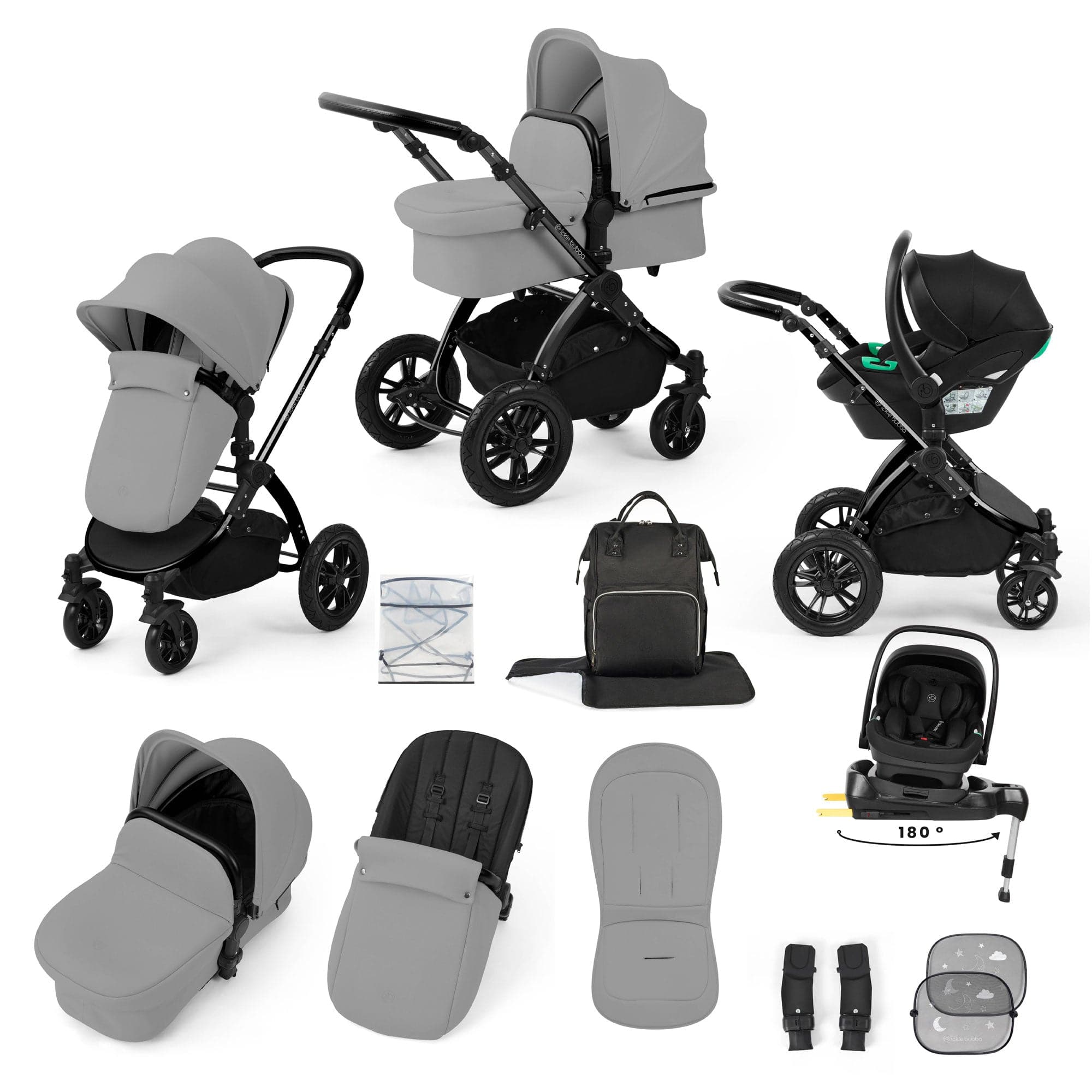 Ickle Bubba travel systems Ickle Bubba Stomp Luxe 12 Piece Travel System with i-Size Nimbus Car Seat & Spin Isofix Base - Pearl Grey 10-011-330-210