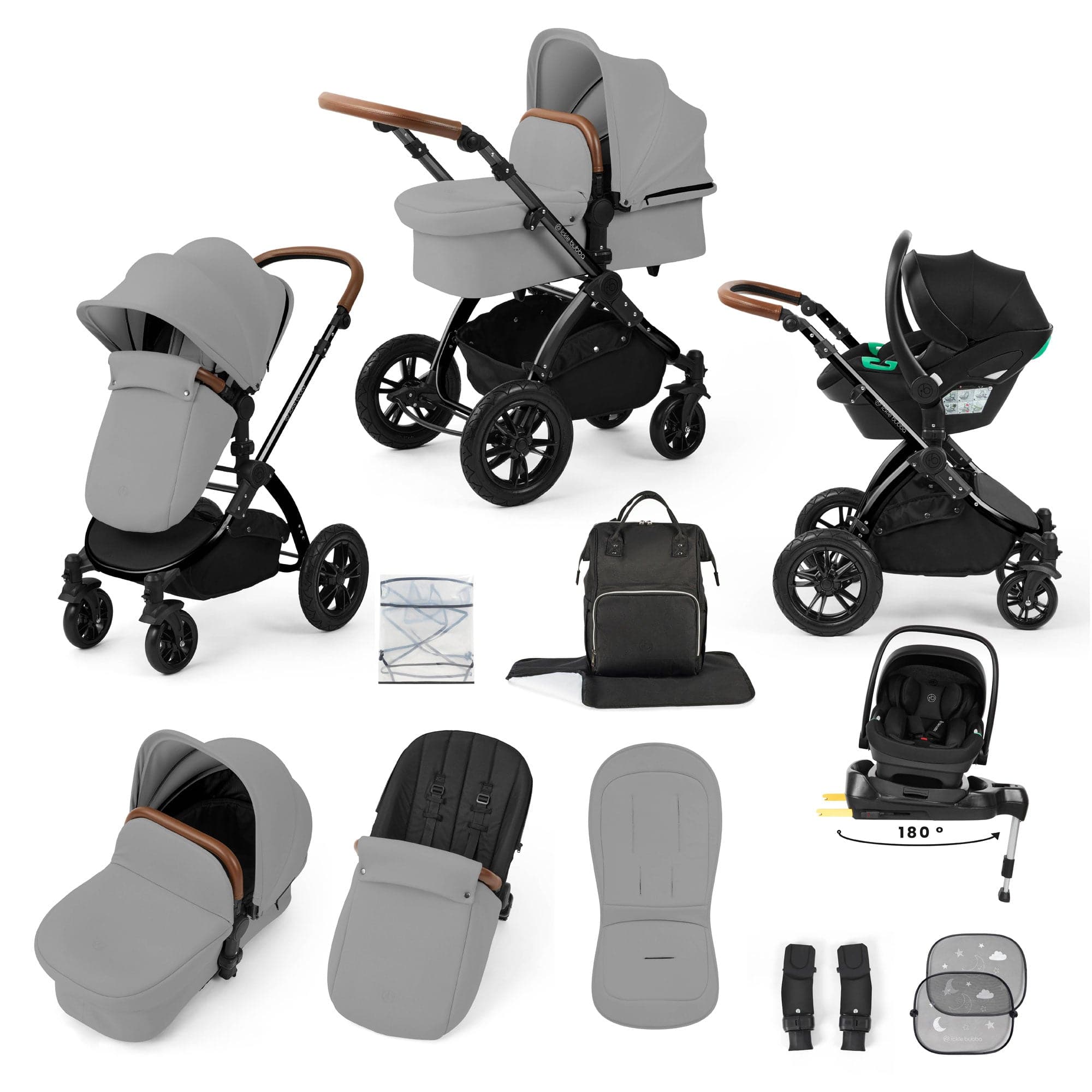 Ickle Bubba travel systems Ickle Bubba Stomp Luxe 12 Piece Travel System with i-Size Nimbus Car Seat & Spin Isofix Base - Pearl Grey 10-011-330-211
