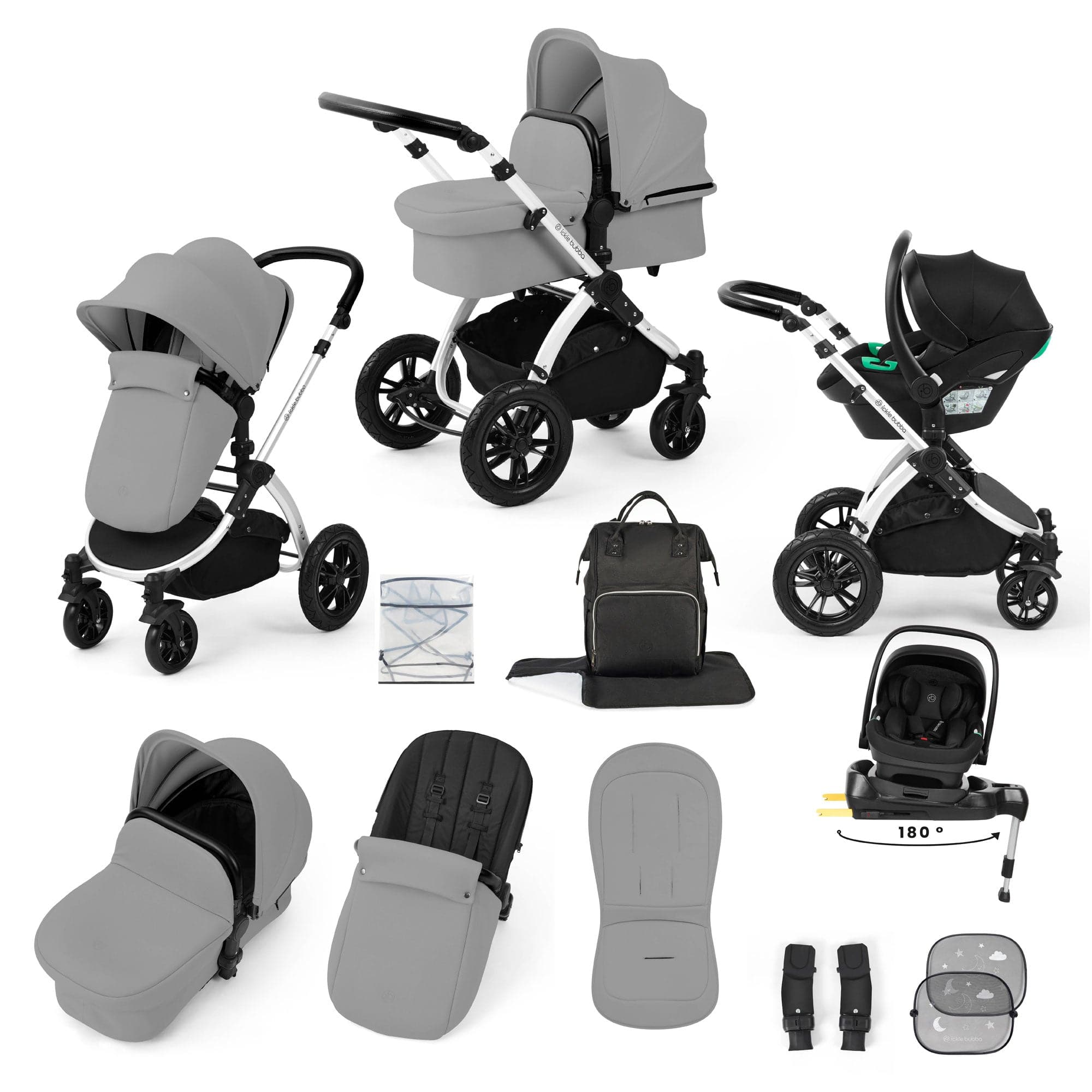 Ickle Bubba travel systems Ickle Bubba Stomp Luxe 12 Piece Travel System with i-Size Nimbus Car Seat & Spin Isofix Base - Pearl Grey 10-011-330-259