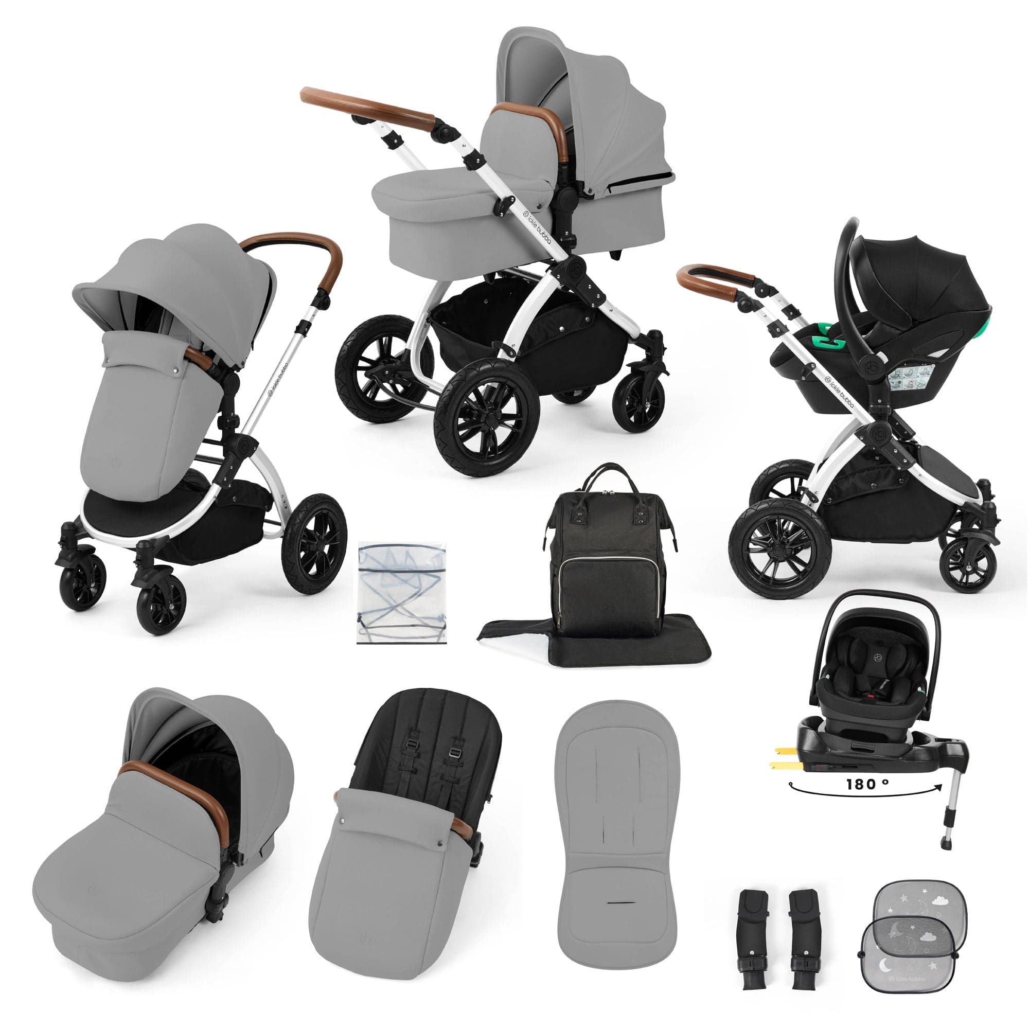 Ickle Bubba travel systems Ickle Bubba Stomp Luxe 12 Piece Travel System with i-Size Nimbus Car Seat & Spin Isofix Base - Pearl Grey 10-011-330-260