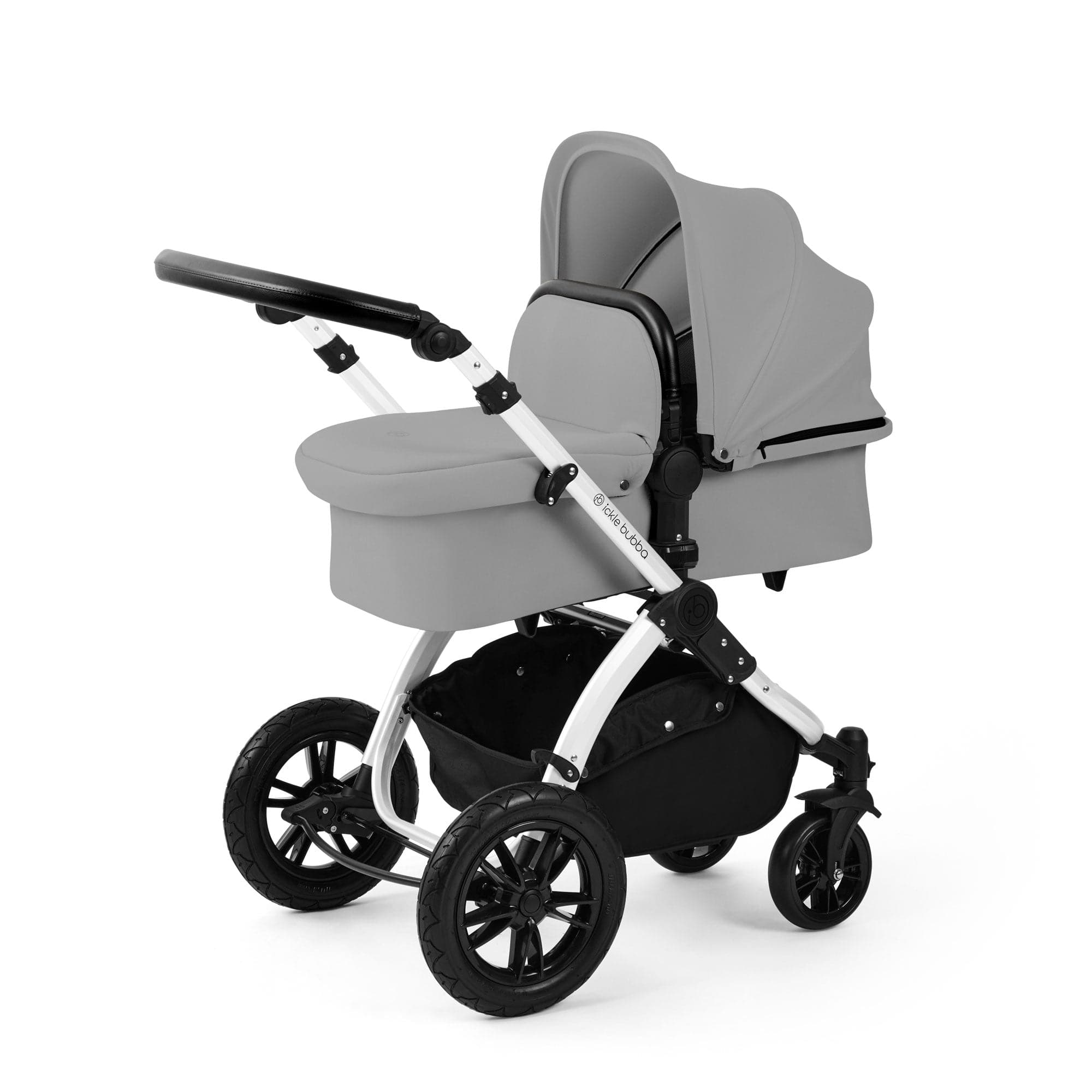 Ickle Bubba travel systems Ickle Bubba Stomp Luxe 12 Piece Travel System with i-Size Nimbus Car Seat & Spin Isofix Base - Pearl Grey