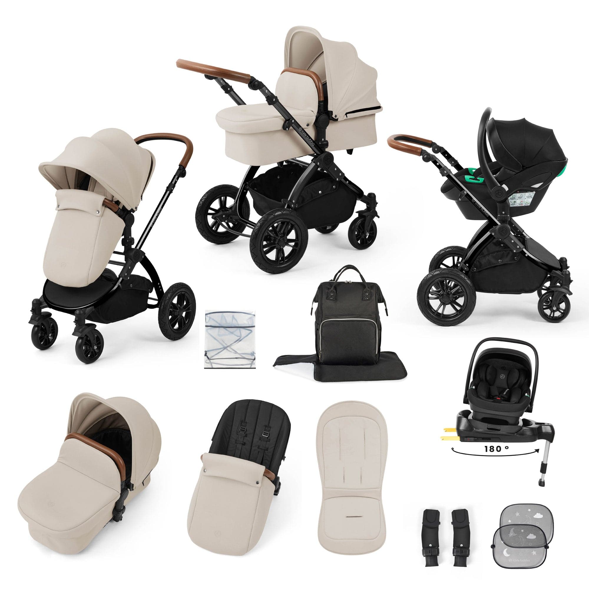 Ickle Bubba travel systems Ickle Bubba Stomp Luxe 12 Piece Travel System with i-Size Nimbus Car Seat & Spin Isofix Base - Stone 10-011-330-016