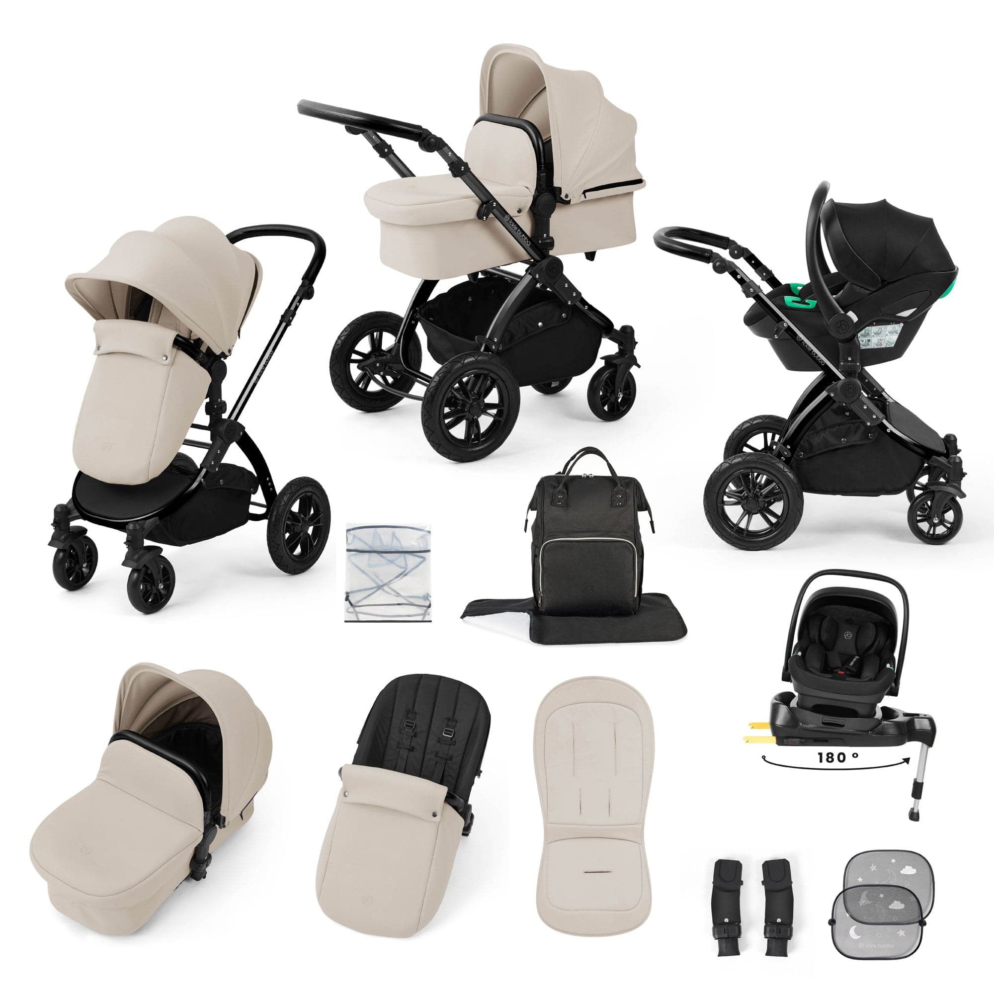 Ickle Bubba travel systems Ickle Bubba Stomp Luxe 12 Piece Travel System with i-Size Nimbus Car Seat & Spin Isofix Base - Stone 10-011-330-163