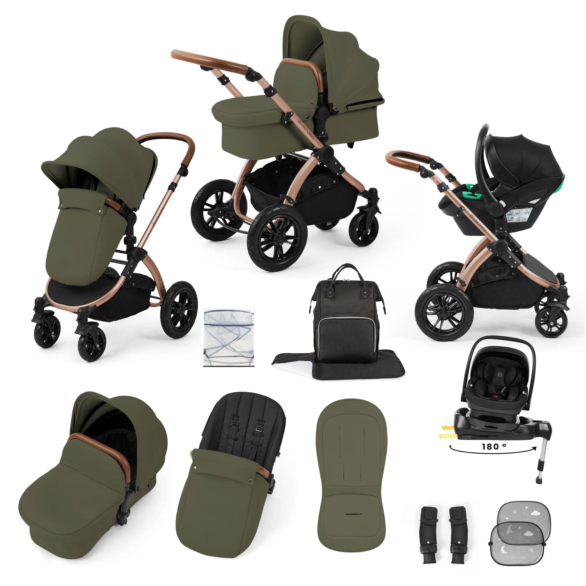 Ickle Bubba travel systems Ickle Bubba Stomp Luxe 12 Piece Travel System with i-Size Nimbus Car Seat & Spin Isofix Base - Woodland 10-011-330-022