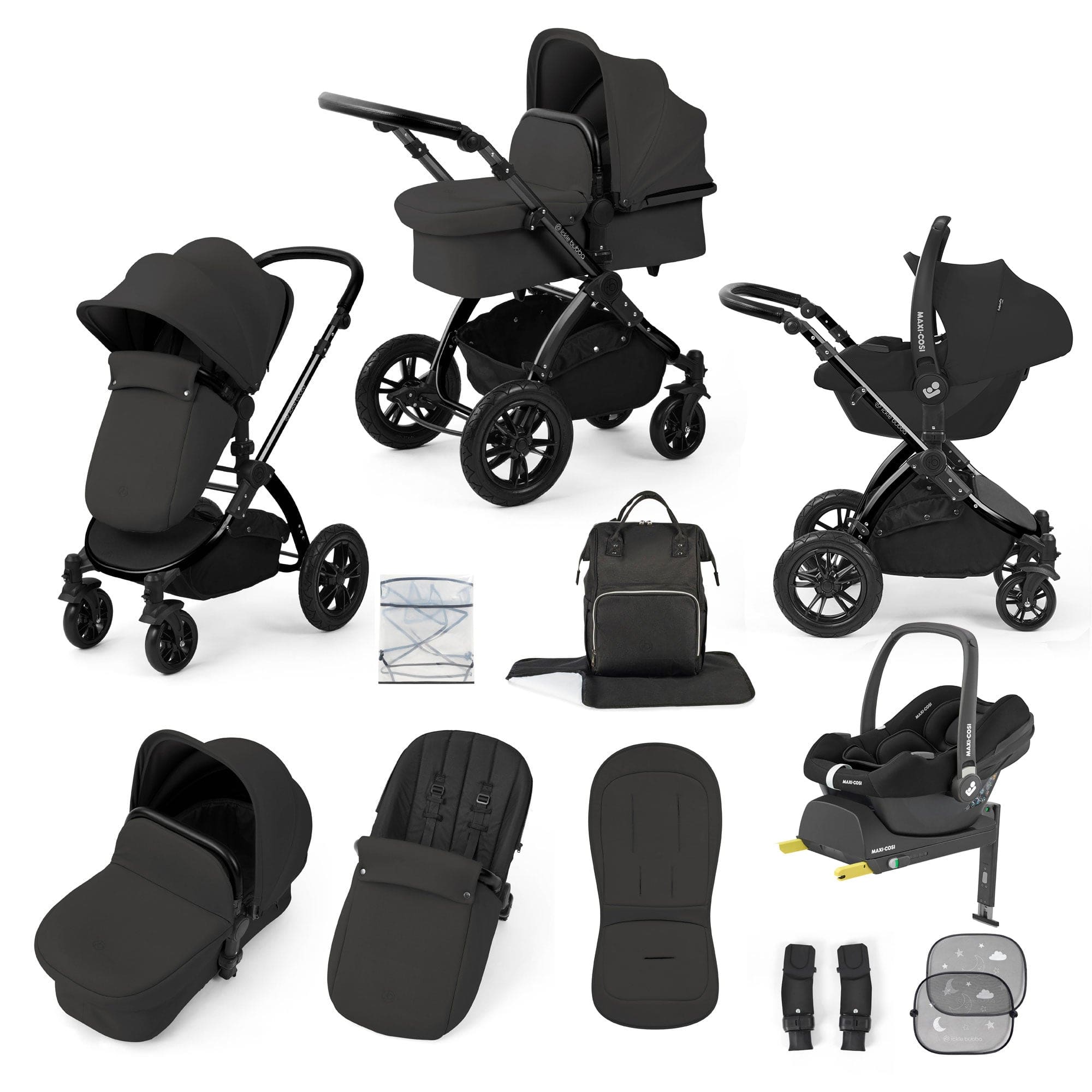 Ickle Bubba travel systems Ickle Bubba Stomp Luxe 12 Piece Travel System with Maxi-Cosi Cabriofix i-Size Car Seat & Isofix Base - Charcoal Grey 10-011-360-206