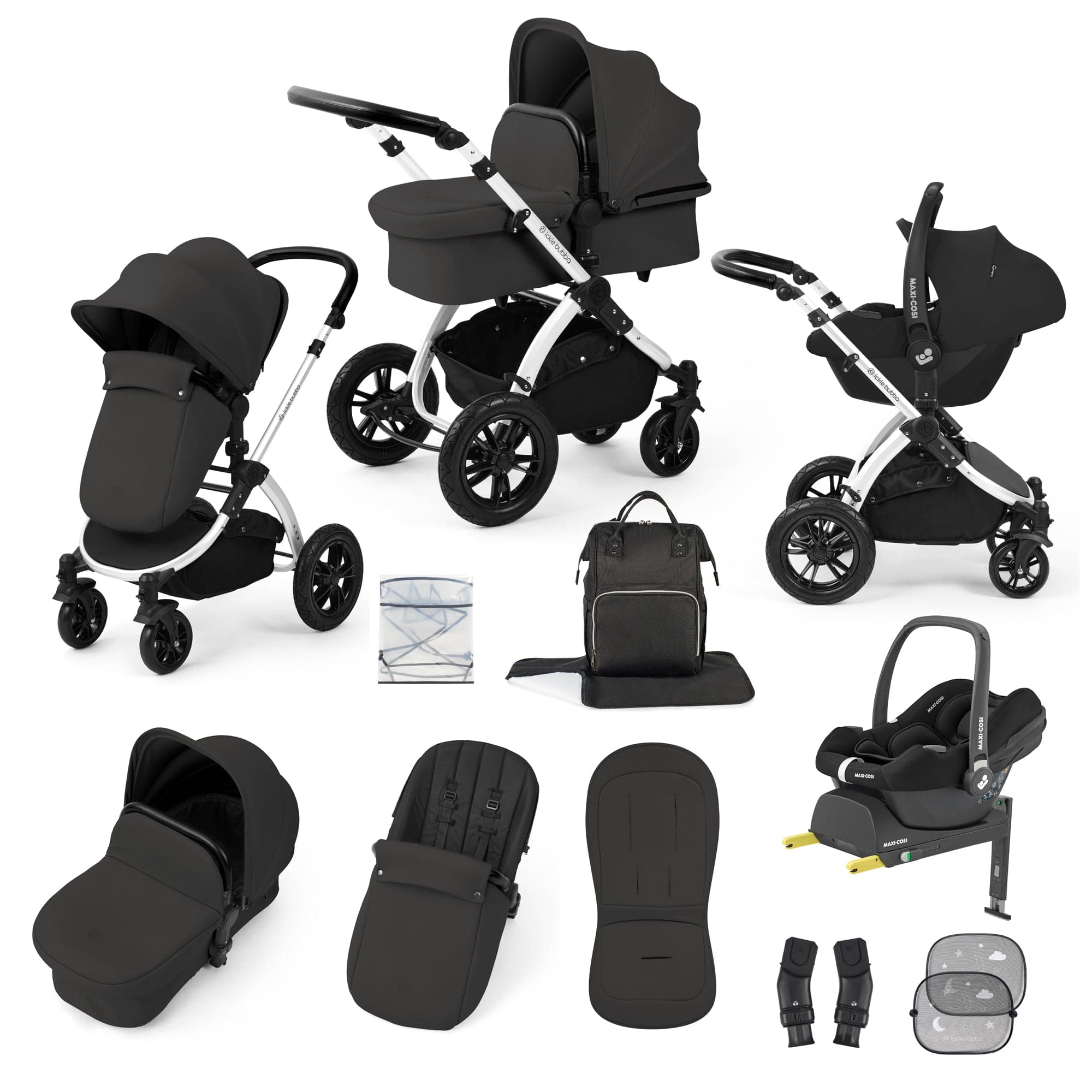 Ickle Bubba travel systems Ickle Bubba Stomp Luxe 12 Piece Travel System with Maxi-Cosi Cabriofix i-Size Car Seat & Isofix Base - Charcoal Grey 10-011-360-254