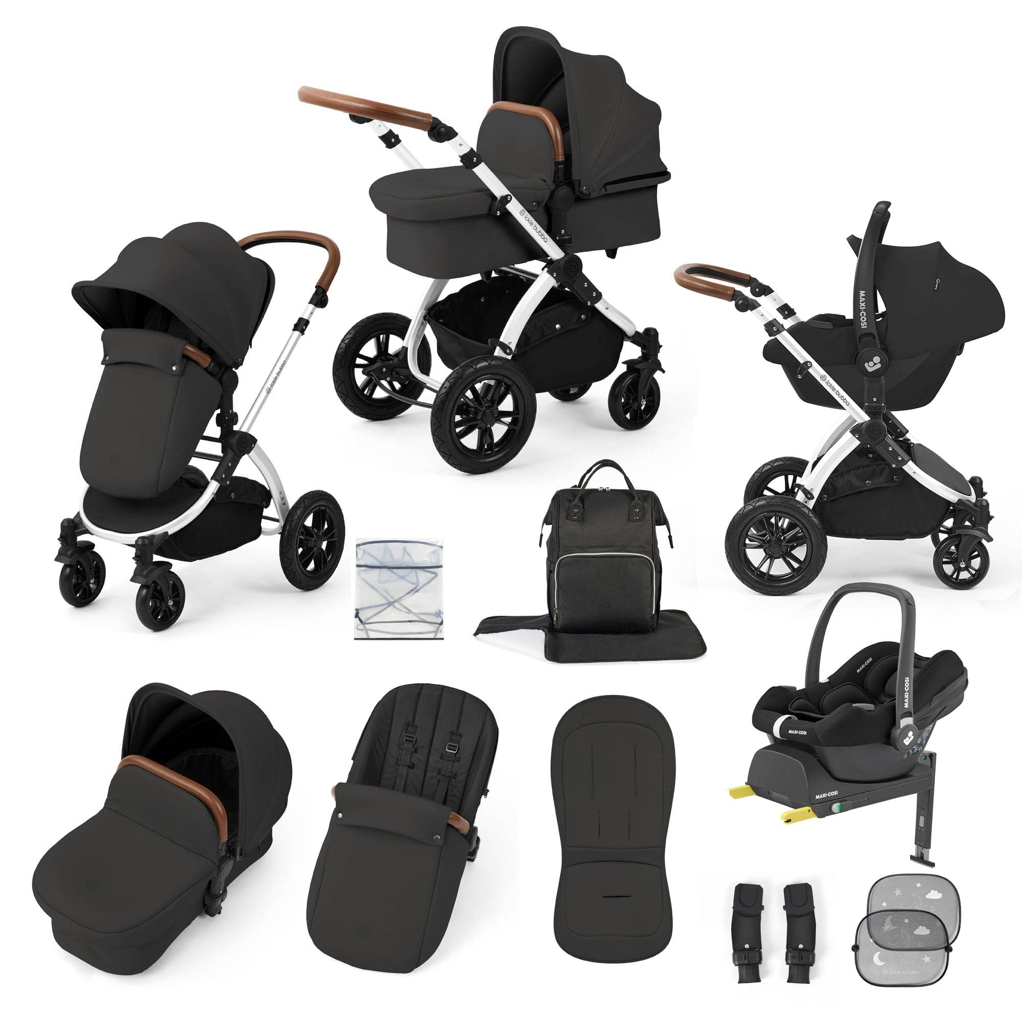 Ickle Bubba travel systems Ickle Bubba Stomp Luxe 12 Piece Travel System with Maxi-Cosi Cabriofix i-Size Car Seat & Isofix Base - Charcoal Grey 10-011-360-255