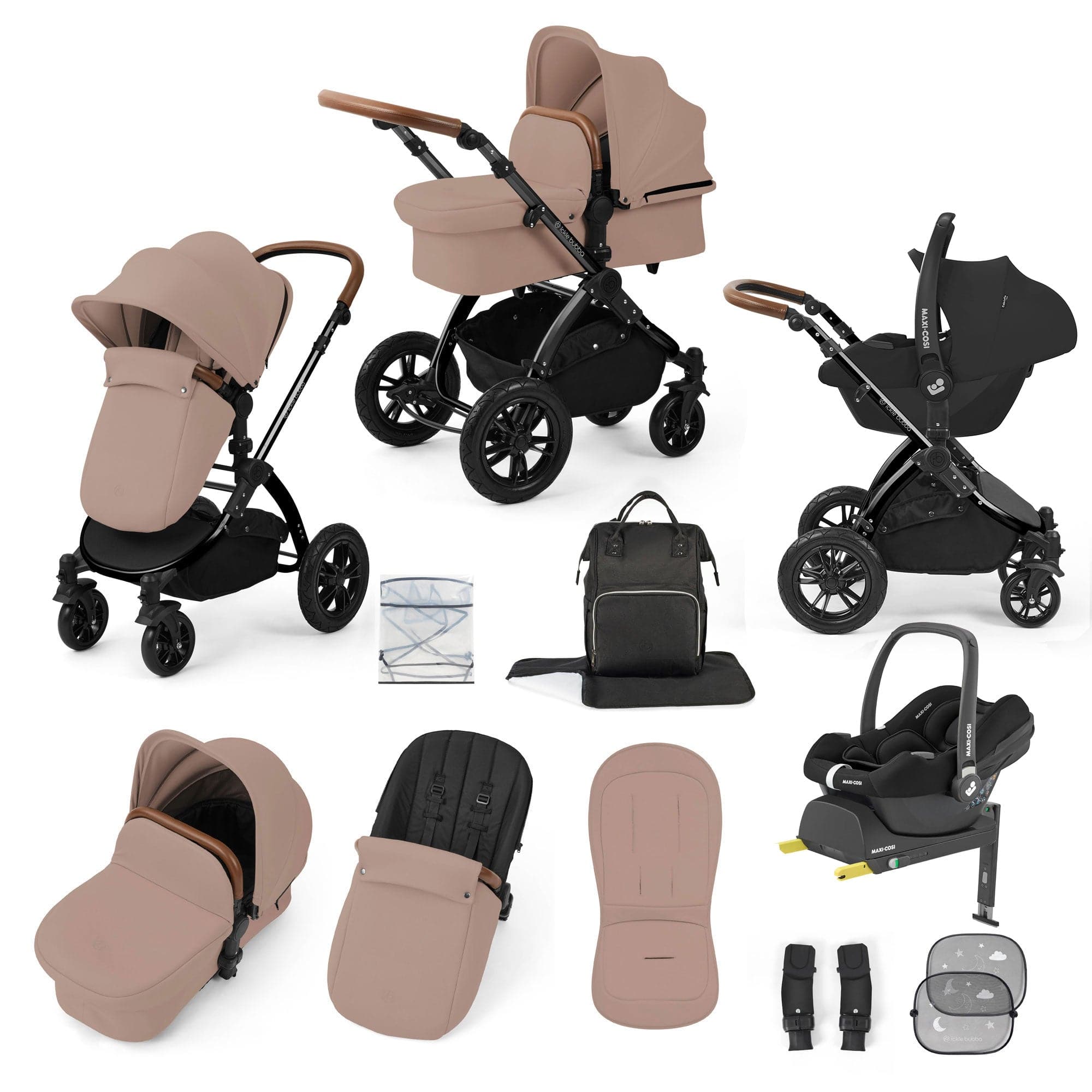 Ickle Bubba travel systems Ickle Bubba Stomp Luxe 12 Piece Travel System with Maxi-Cosi Cabriofix i-Size Car Seat & Isofix Base - Desert 10-011-360-209