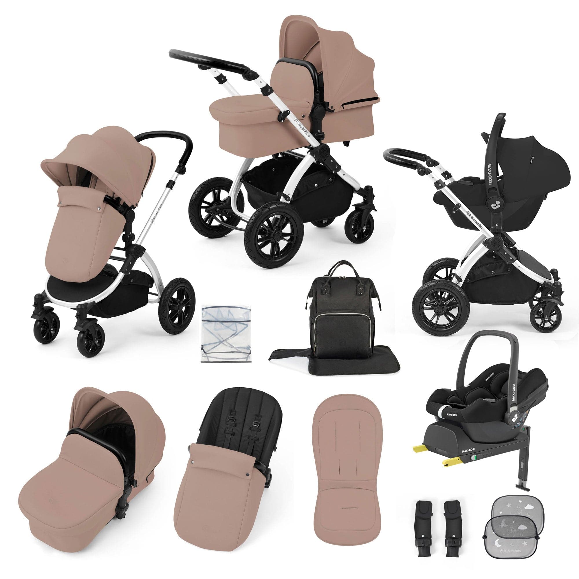 Ickle Bubba travel systems Ickle Bubba Stomp Luxe 12 Piece Travel System with Maxi-Cosi Cabriofix i-Size Car Seat & Isofix Base - Desert 10-011-360-257