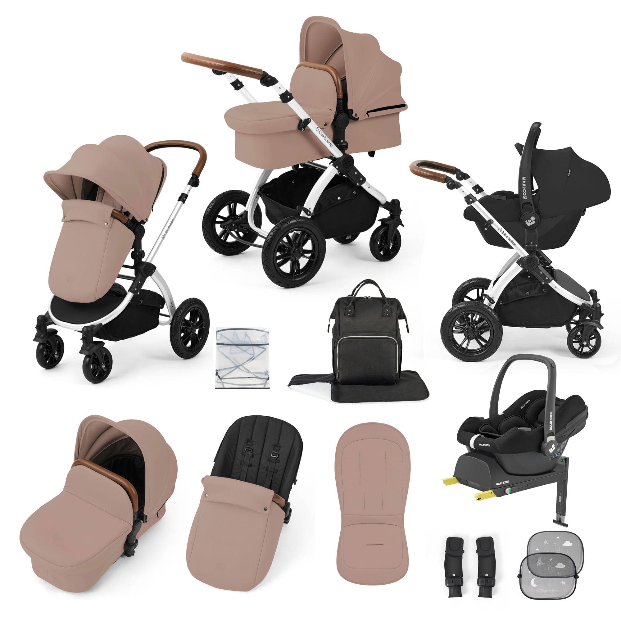 Ickle Bubba travel systems Ickle Bubba Stomp Luxe 12 Piece Travel System with Maxi-Cosi Cabriofix i-Size Car Seat & Isofix Base - Desert 10-011-360-258