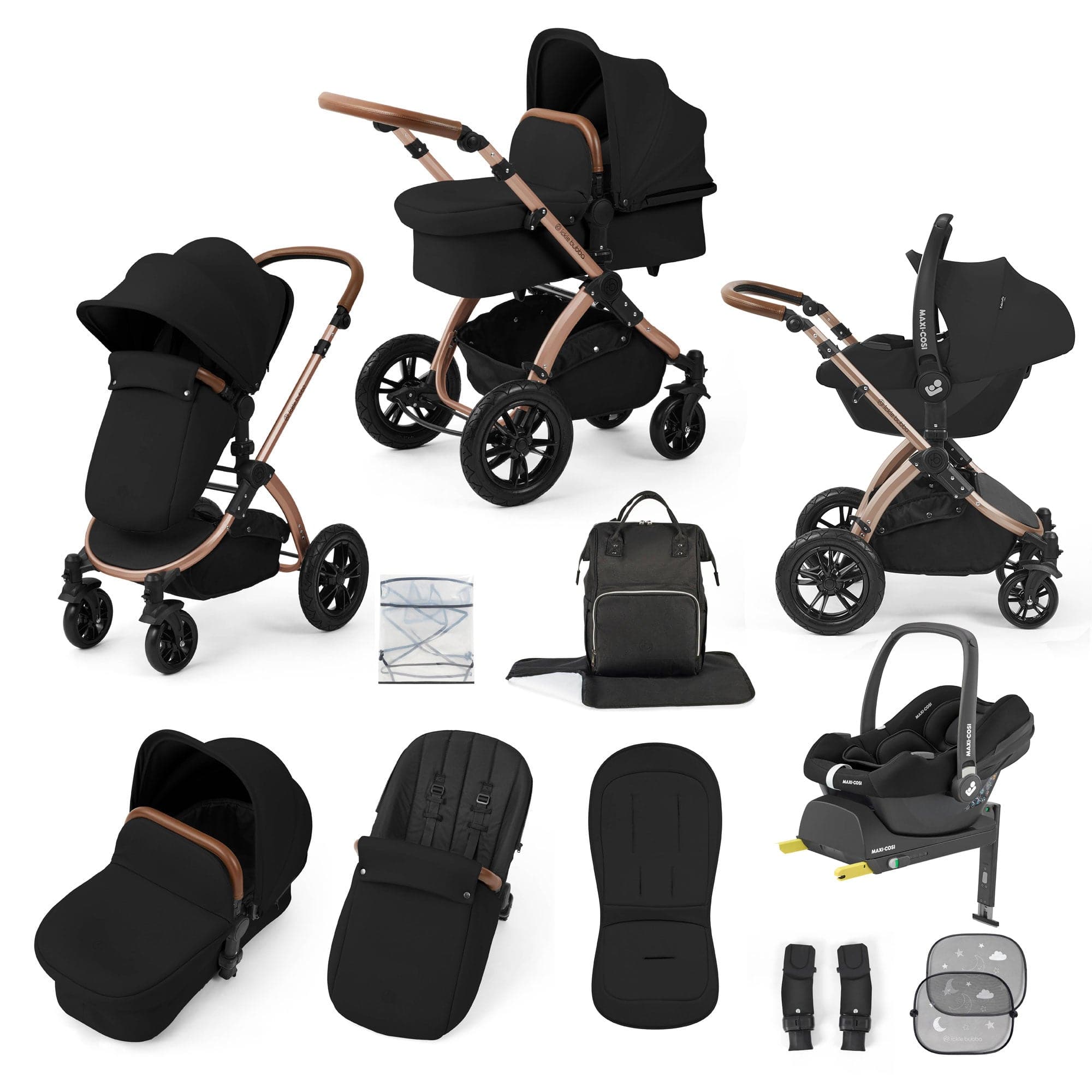 Ickle Bubba travel systems Ickle Bubba Stomp Luxe 12 Piece Travel System with Maxi-Cosi Cabriofix i-Size Car Seat & Isofix Base - Midnight 10-011-360-021