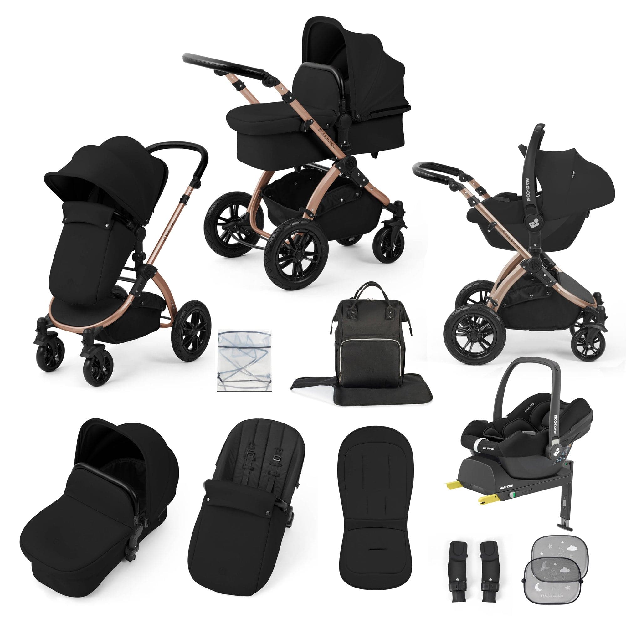 Ickle Bubba travel systems Ickle Bubba Stomp Luxe 12 Piece Travel System with Maxi-Cosi Cabriofix i-Size Car Seat & Isofix Base - Midnight 10-011-360-139