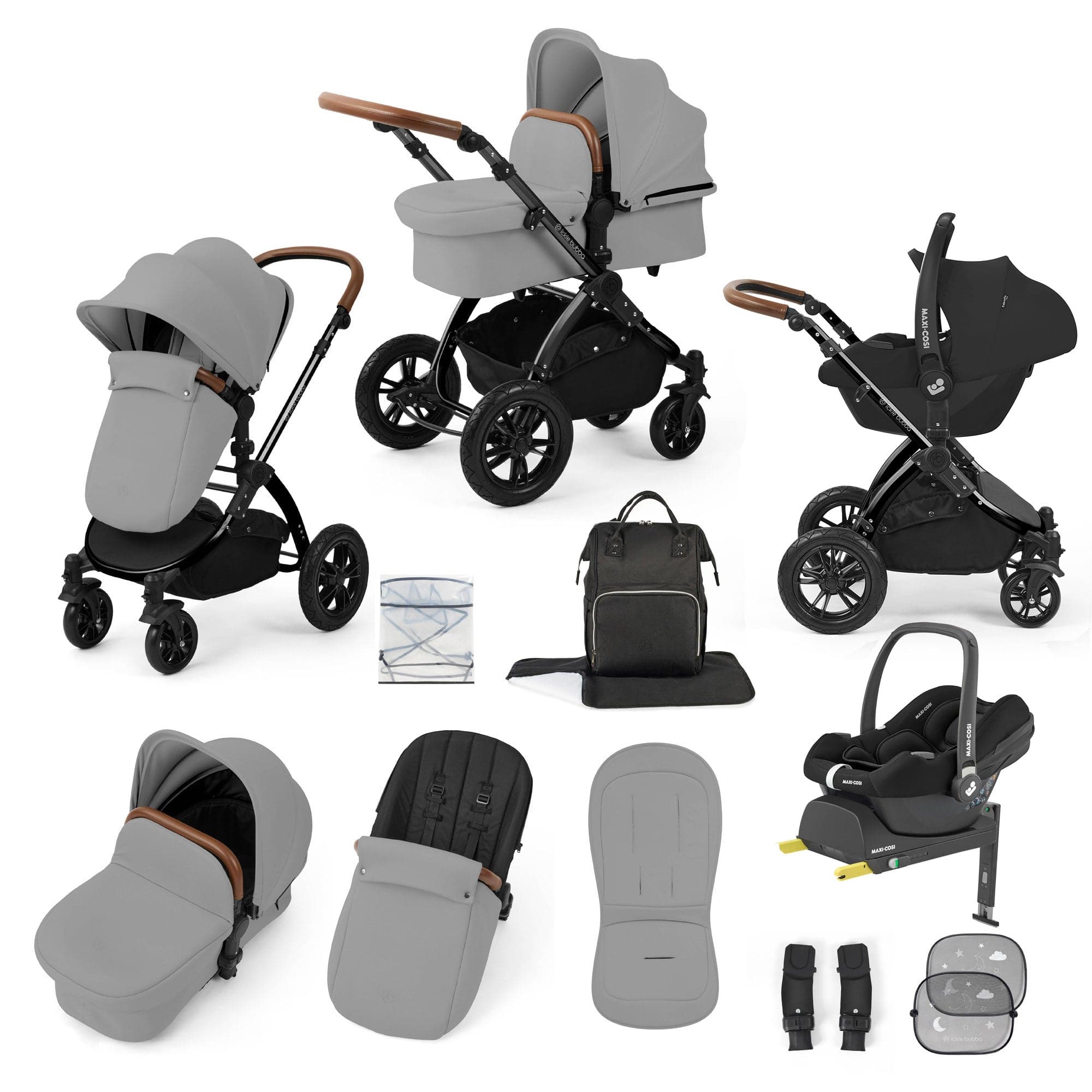 Ickle Bubba travel systems Ickle Bubba Stomp Luxe 12 Piece Travel System with Maxi-Cosi Cabriofix i-Size Car Seat & Isofix Base - Pearl Grey 10-011-360-211