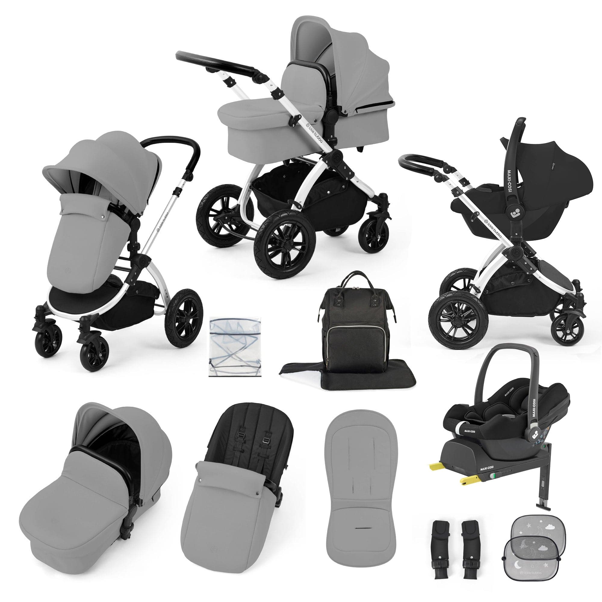 Ickle Bubba travel systems Ickle Bubba Stomp Luxe 12 Piece Travel System with Maxi-Cosi Cabriofix i-Size Car Seat & Isofix Base - Pearl Grey 10-011-360-259