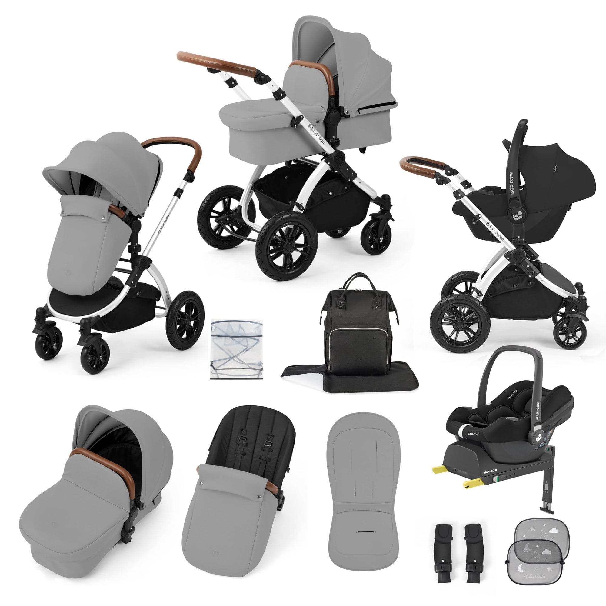 Ickle Bubba travel systems Ickle Bubba Stomp Luxe 12 Piece Travel System with Maxi-Cosi Cabriofix i-Size Car Seat & Isofix Base - Pearl Grey 10-011-360-260