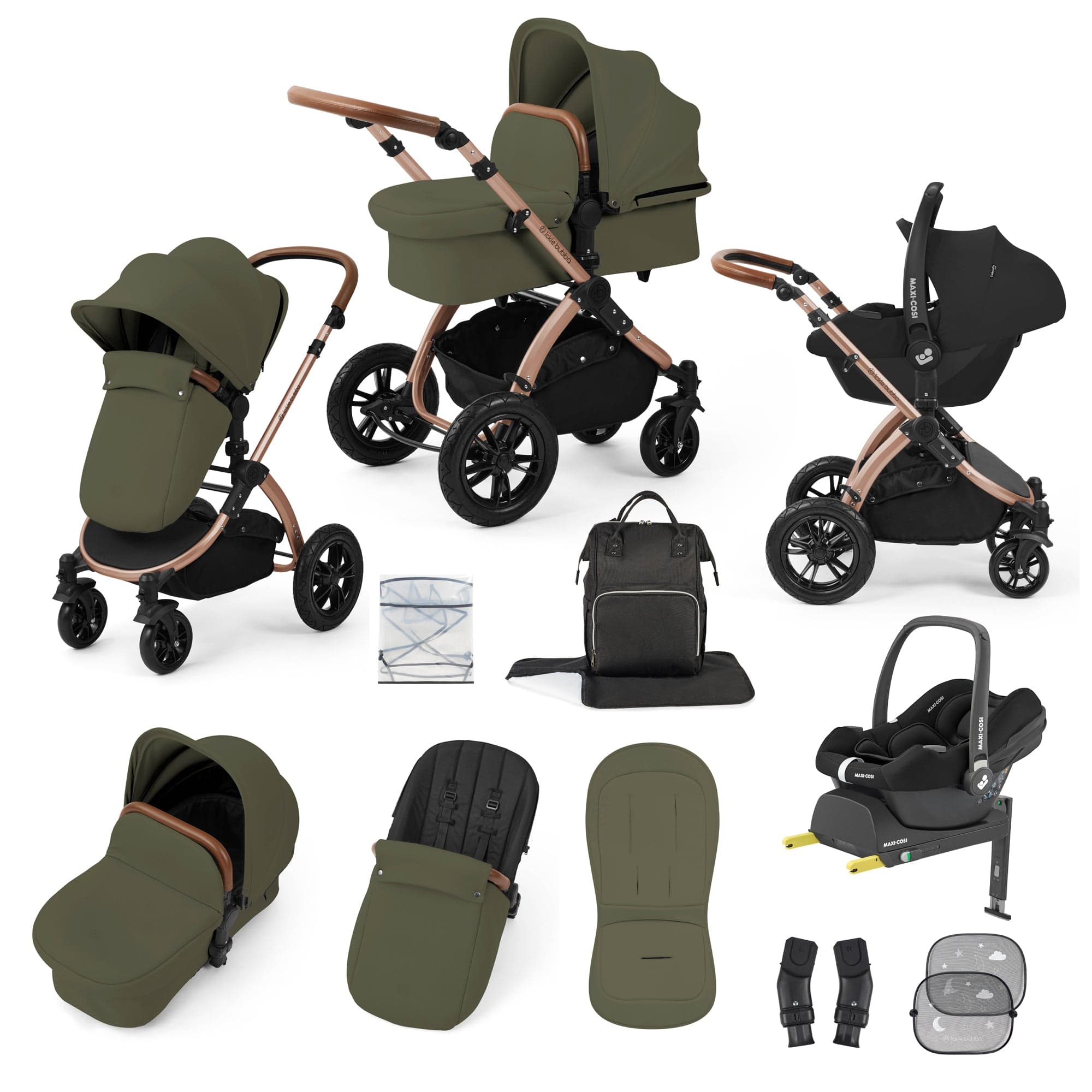 Ickle Bubba travel systems Ickle Bubba Stomp Luxe 12 Piece Travel System with Maxi-Cosi Cabriofix i-Size Car Seat & Isofix Base - Woodland 10-011-360-022