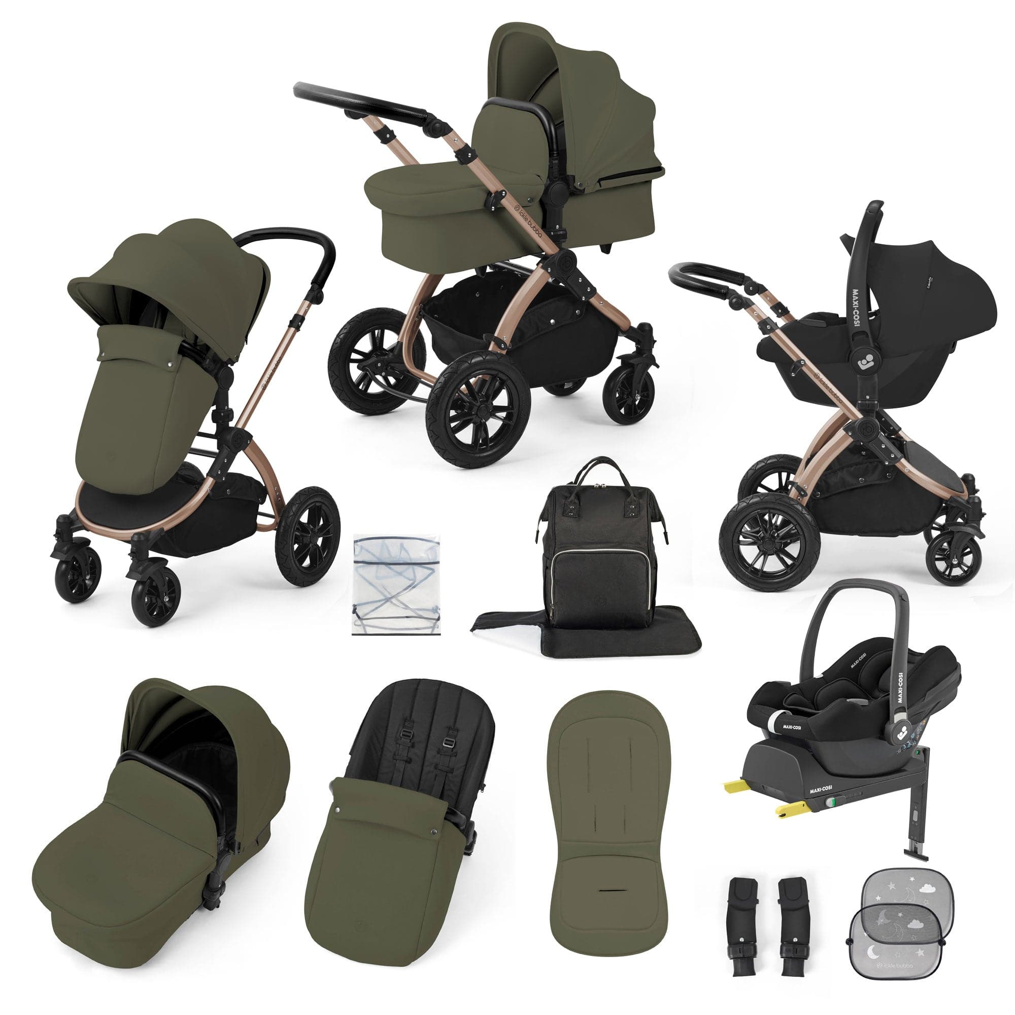 Ickle Bubba travel systems Ickle Bubba Stomp Luxe 12 Piece Travel System with Maxi-Cosi Cabriofix i-Size Car Seat & Isofix Base - Woodland 10-011-360-140