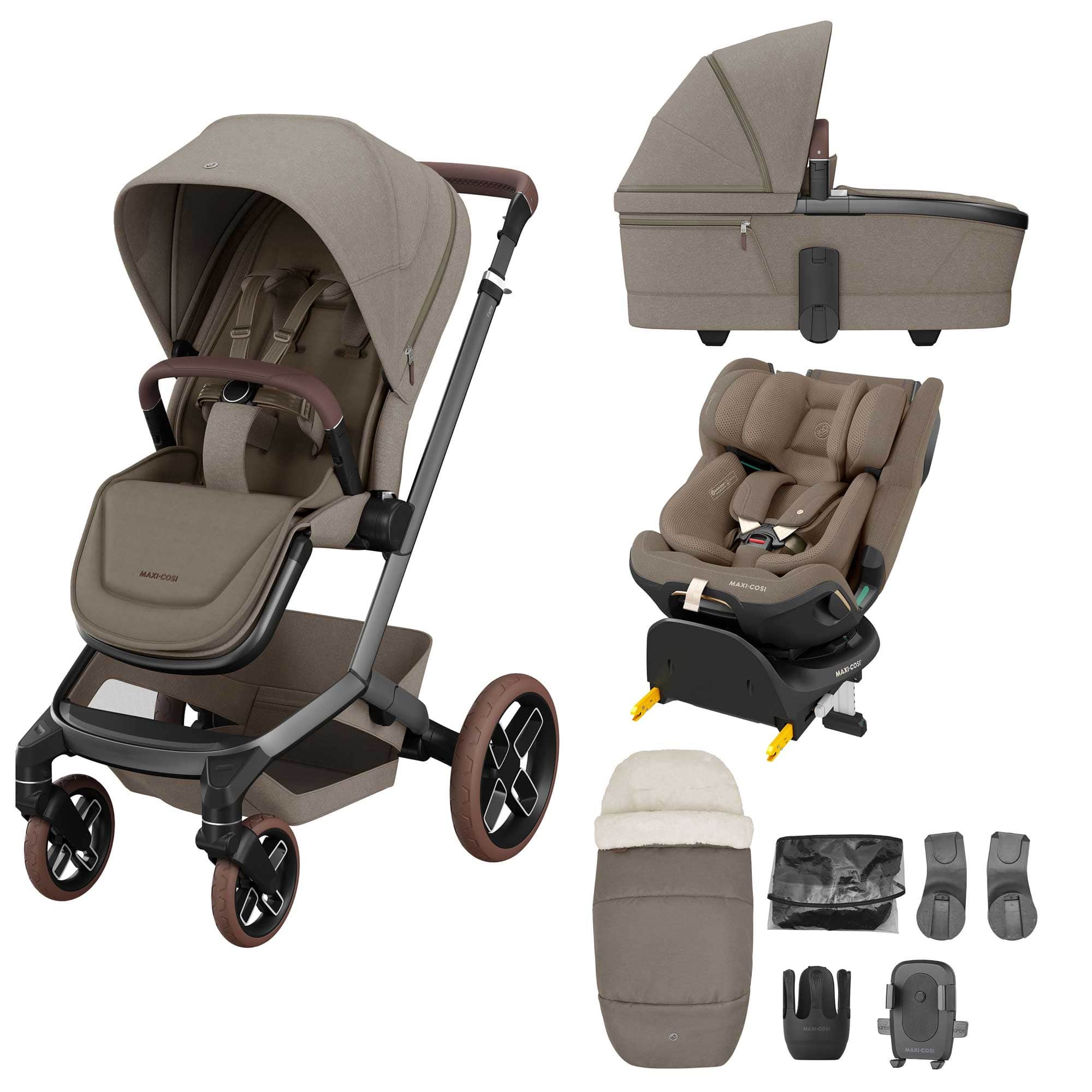 Maxi-Cosi baby prams Maxi-Cosi FAME 9 Piece Emerald 360 Pro 2 Bundle in Twillic Truffle (Brown Wheels) KF10000130