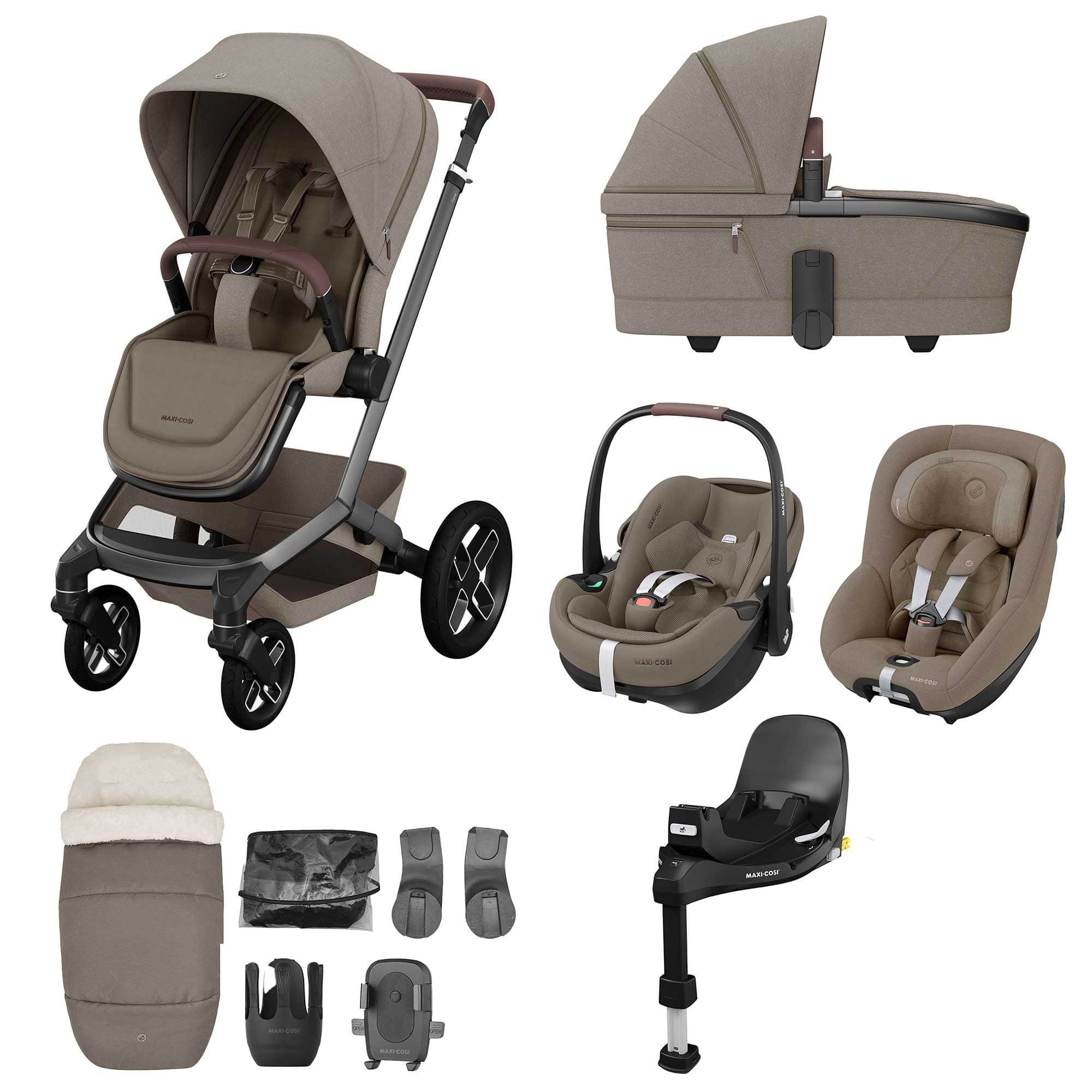 Maxi-Cosi travel systems Maxi-Cosi FAME 10 Piece Premium Family 360 Pro Bundle in Twillic Truffle (Black Wheels) KF10000133