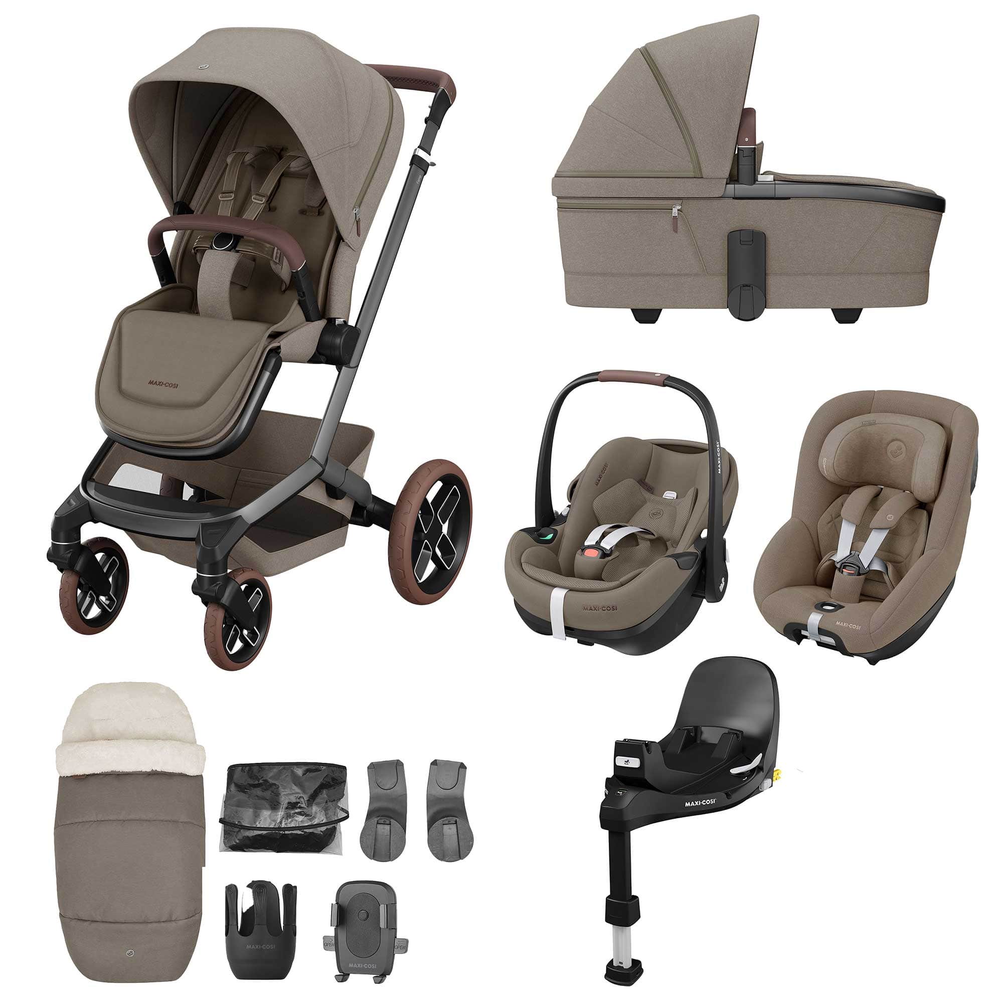 Maxi-Cosi travel systems Maxi-Cosi FAME 10 Piece Premium Family 360 Pro Bundle in Twillic Truffle (Brown Wheels) KF10000134
