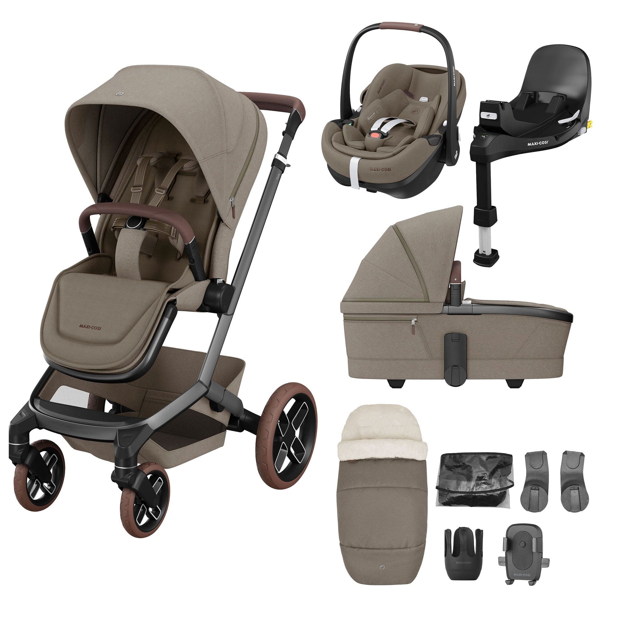Maxi-Cosi travel systems Maxi-Cosi FAME 9 Piece Premium Travel System in Twillic Truffle (Brown Wheels) KF69700000