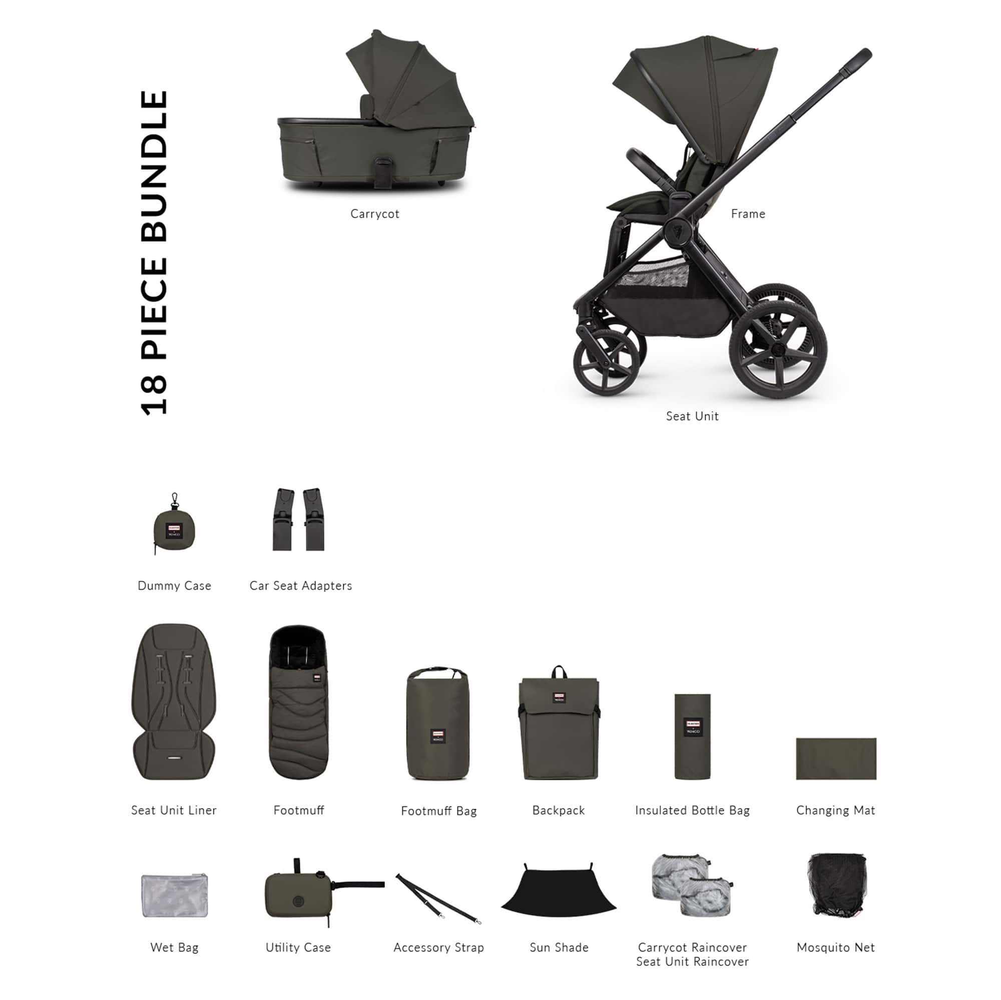 Venicci baby prams Venicci Tinum Upline 3 Hunter Essential Bundle - Dark Olive 2001510213