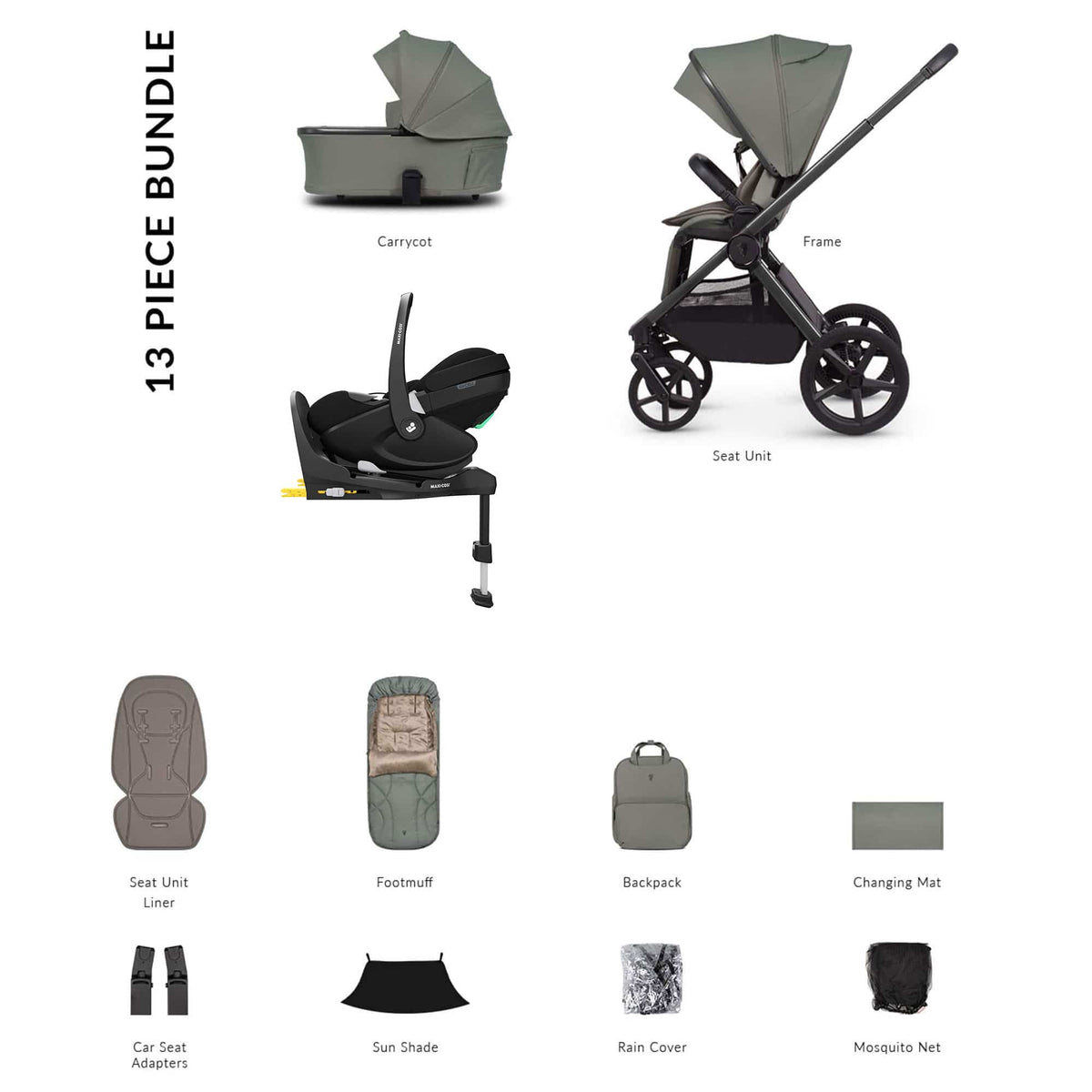 Venicci baby prams Venicci Tinum Upline 3 Maxi-Cosi Luxury Bundle - Aloe 22771-ALO-1