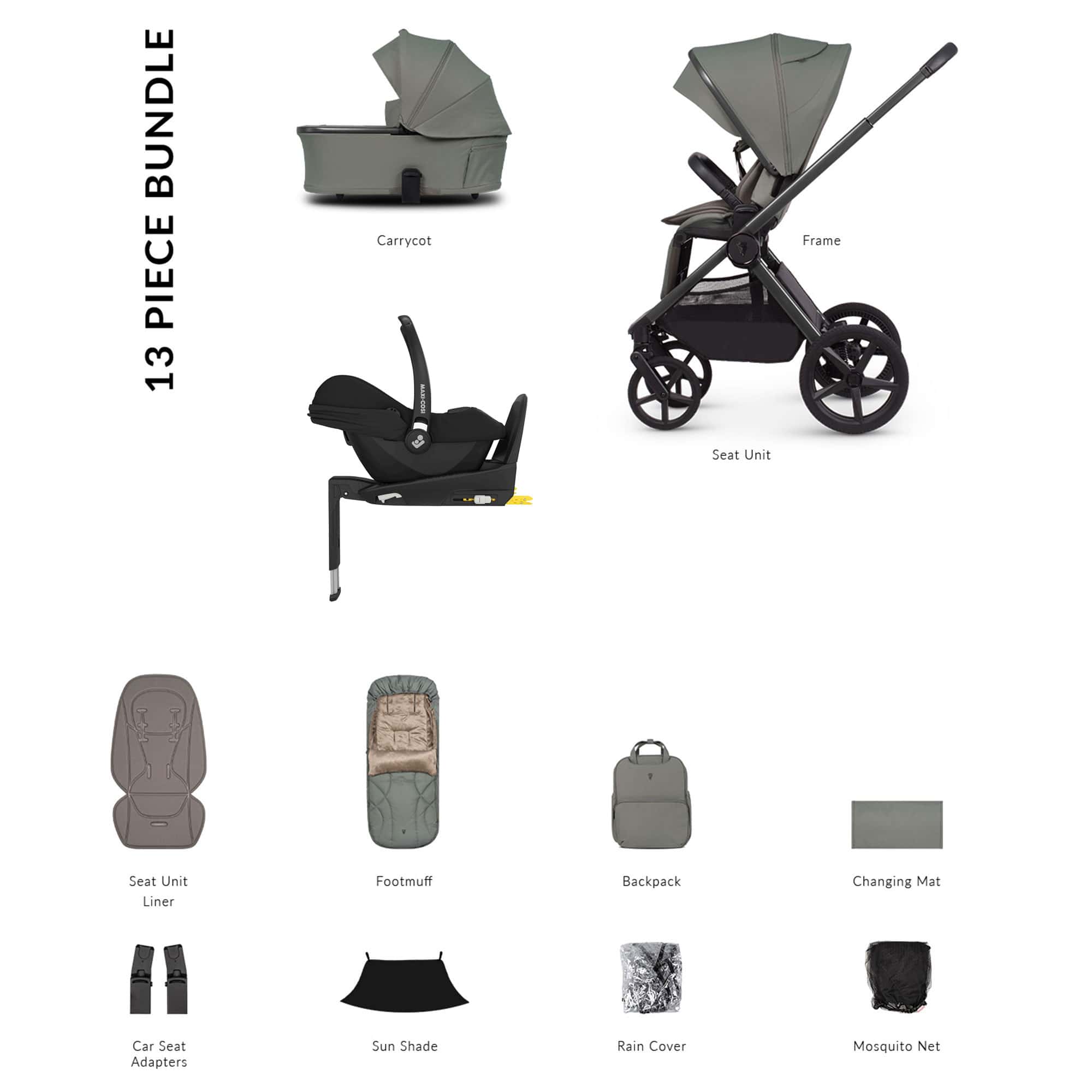 Venicci baby prams Venicci Tinum Upline 3 Maxi-Cosi Luxury Bundle - Aloe 22771-ALO