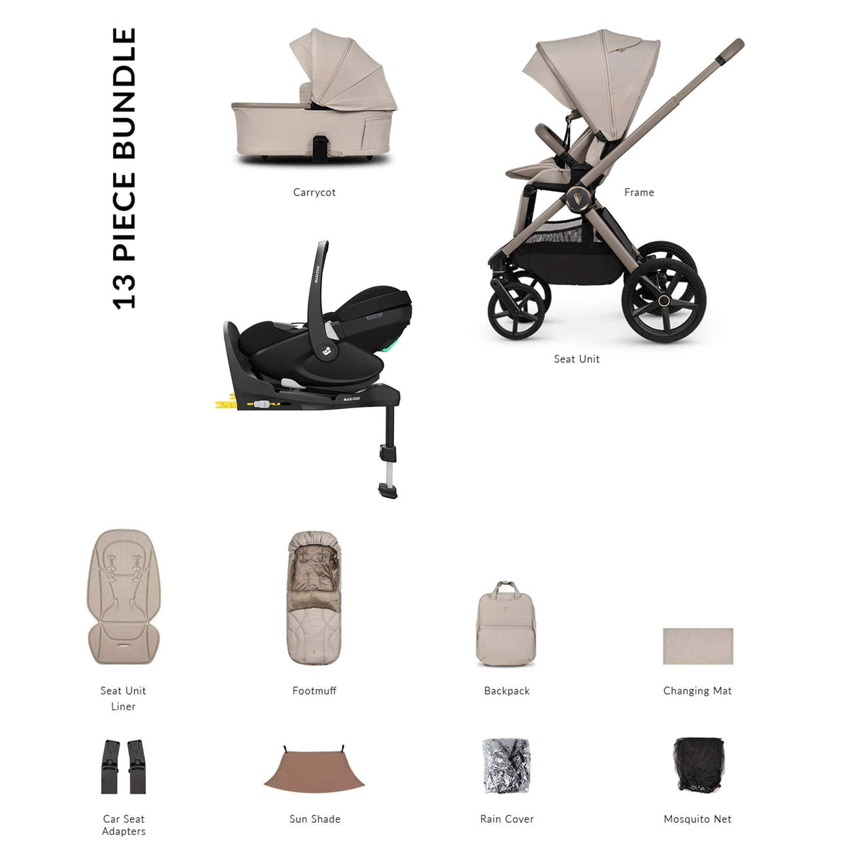 Venicci baby prams Venicci Tinum Upline 3 Maxi-Cosi Luxury Bundle - Pebble 22771-PEB-1
