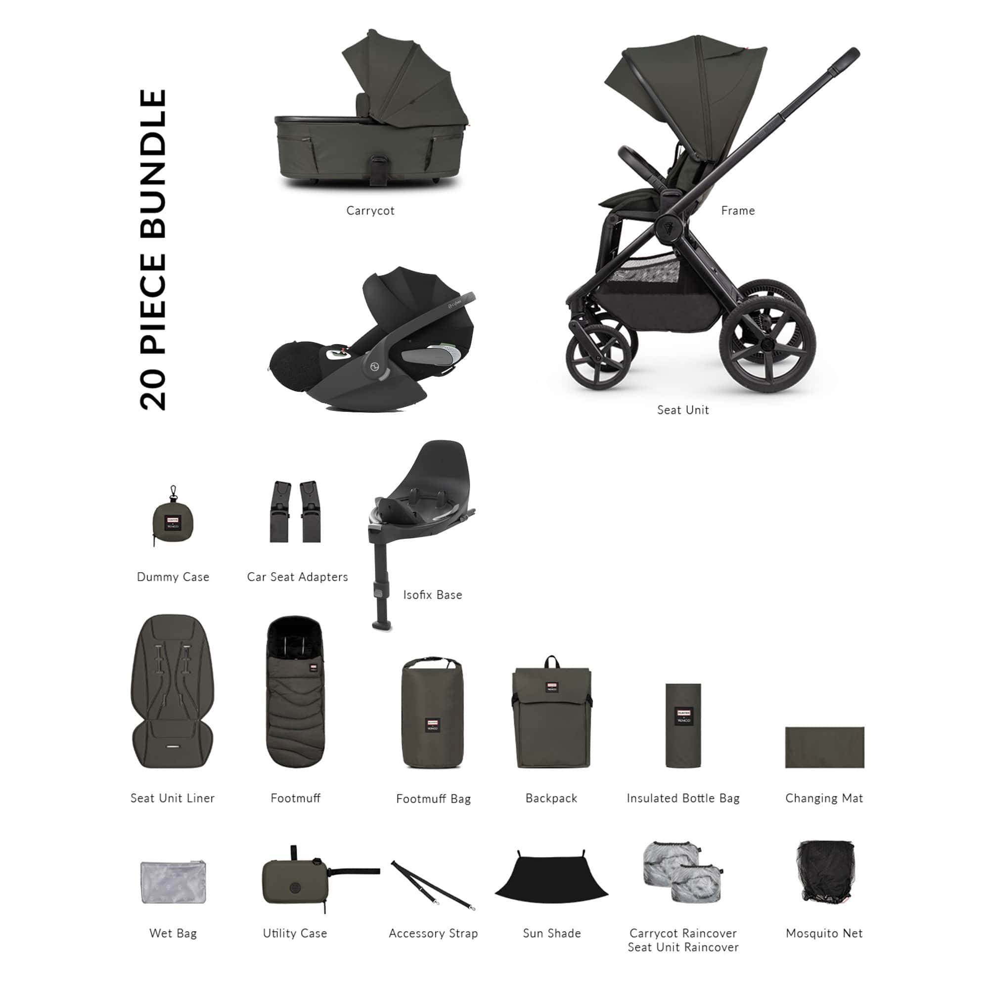 Venicci travel systems Venicci Tinum Upline 3 Hunter Luxury Cybex Travel System - Dark Olive UPL-HUNT-LUX-OLI