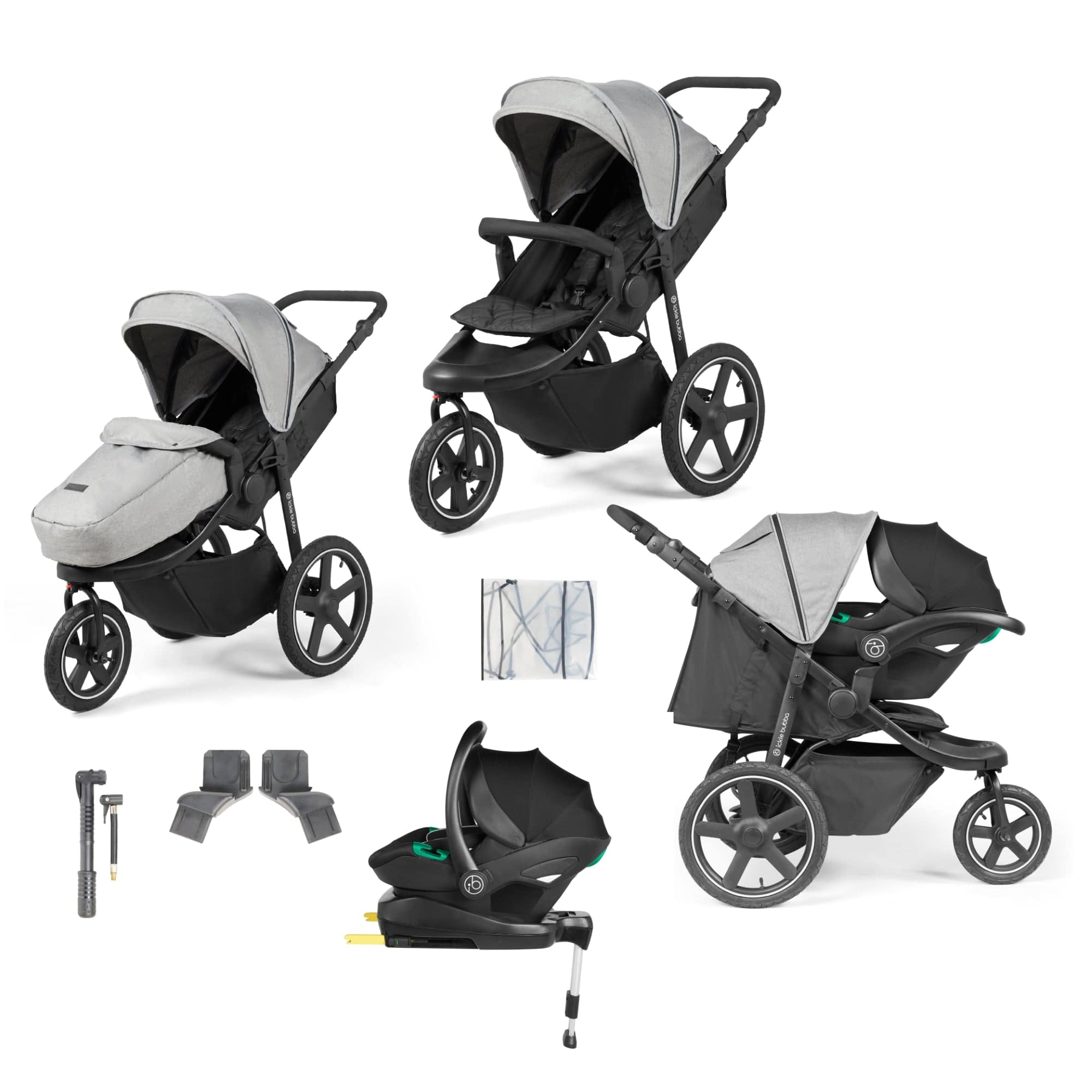 Ickle Bubba 3 wheel pushchairs Ickle Bubba Venus Max Jogger Stroller I-Size Travel System - Black/Space Grey with Isofix Base 13-004-500-014