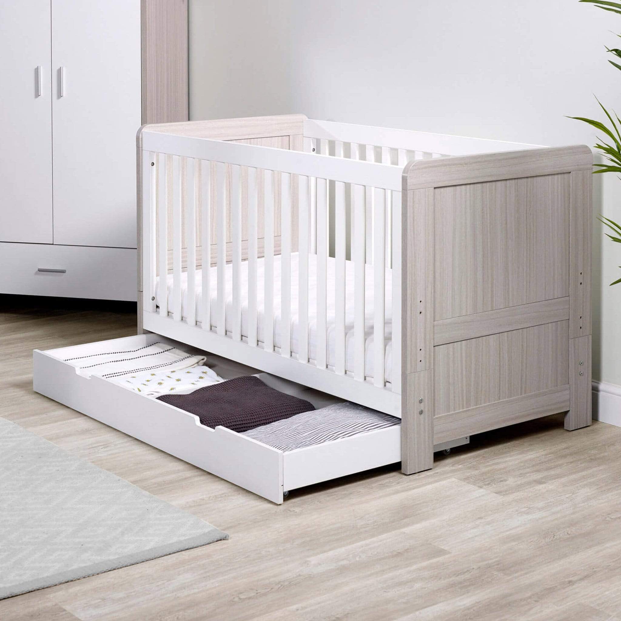 Ickle Bubba cot bed room sets Ickle Bubba Pembrey Cotbed, Under Drawer & Changing Unit Ash Grey & White