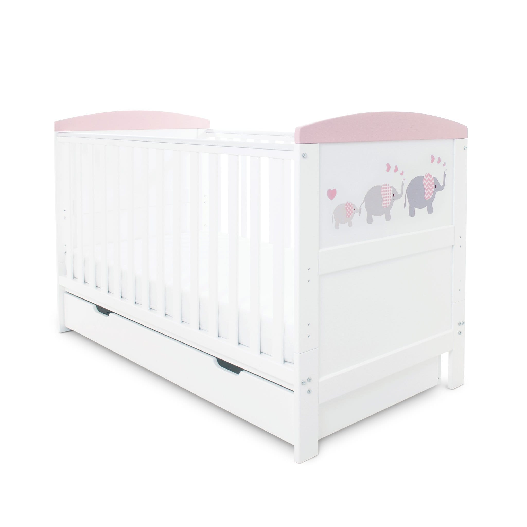 Ickle Bubba Cot Beds Ickle Bubba Coleby Style Cot Bed with Under Drawer Elephant Love Pink