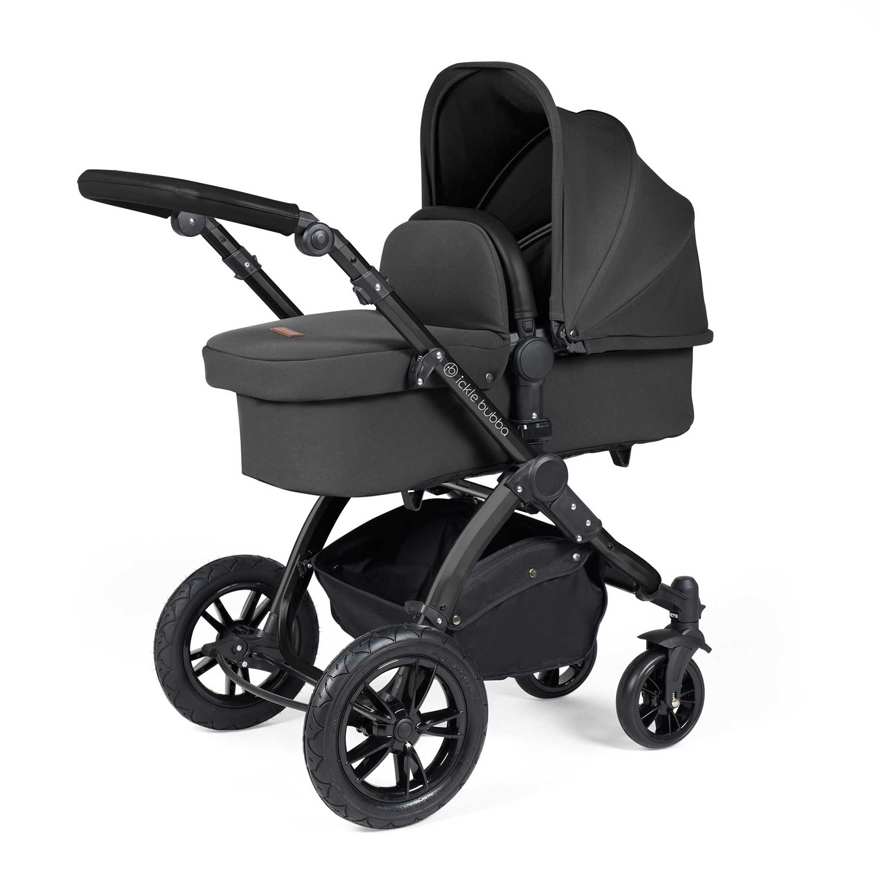 Ickle Bubba travel systems Ickle Bubba Stomp Luxe 2 in 1 Plus Pushchair & Carrycot - Black/Charcoal Grey/Black 10-003-001-206