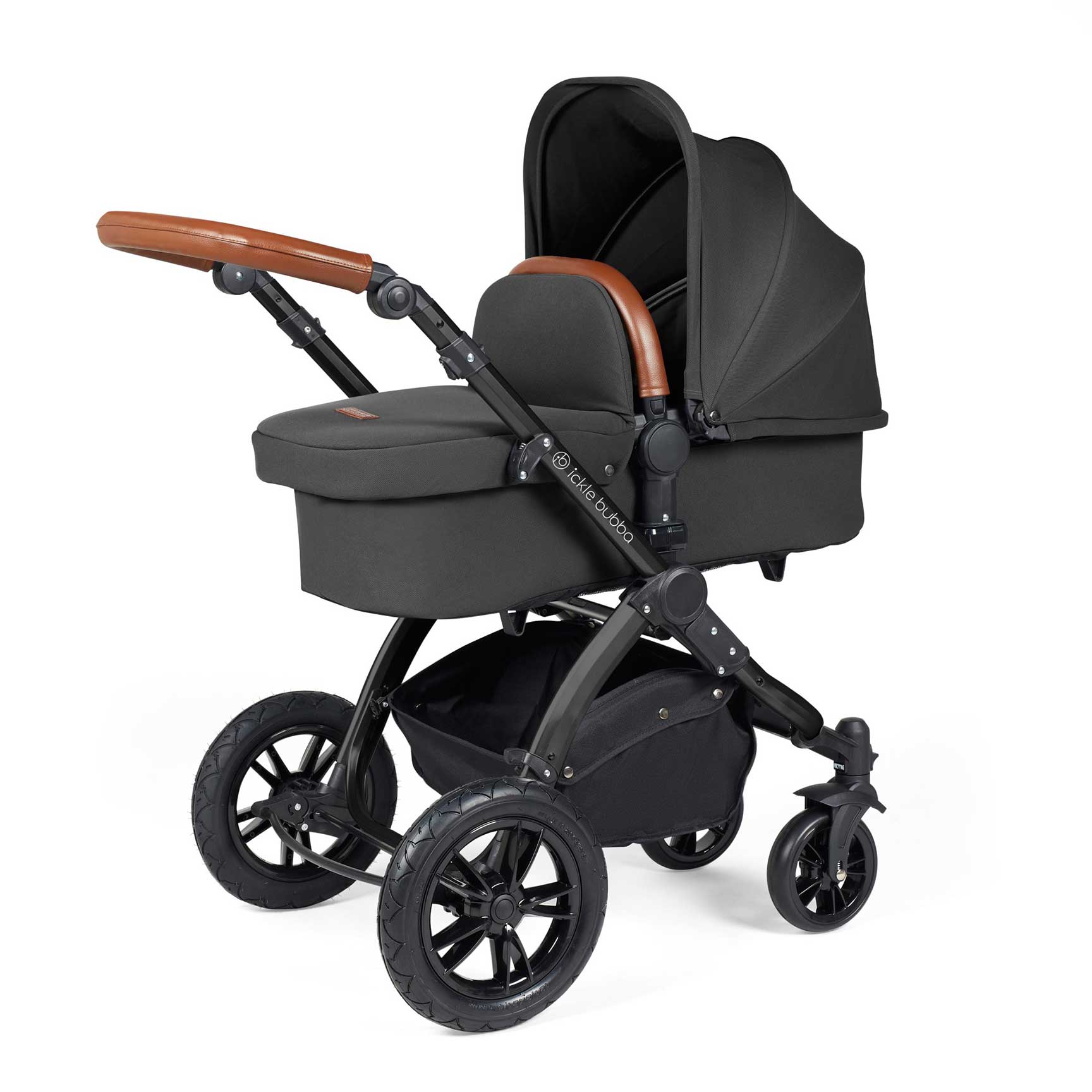 Ickle Bubba travel systems Ickle Bubba Stomp Luxe 2 in 1 Plus Pushchair & Carrycot - Black/Charcoal Grey/Tan 10-003-001-207