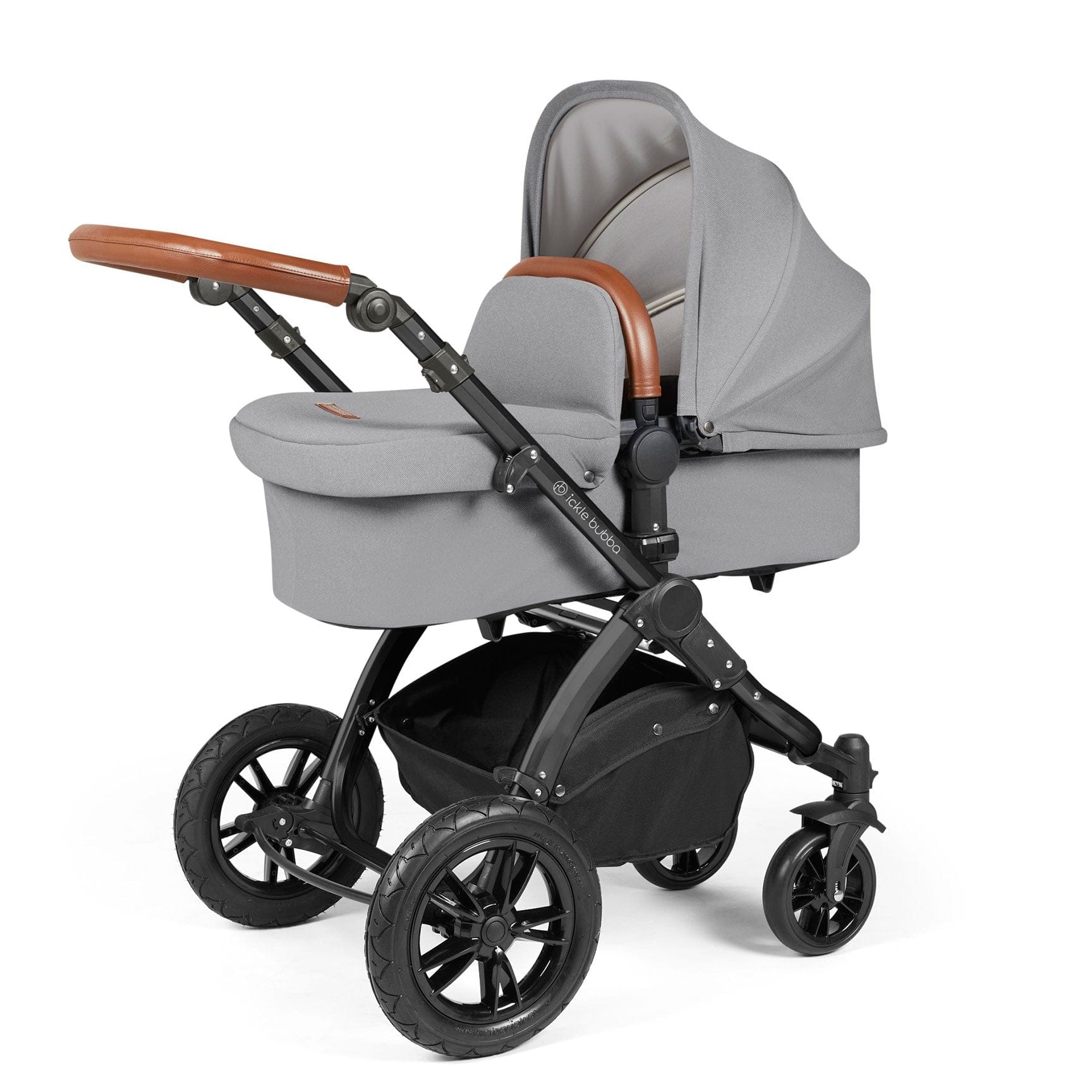 Ickle Bubba travel systems Ickle Bubba Stomp Luxe 2 in 1 Plus Pushchair & Carrycot - Black/Pearl Grey/Tan 10-003-001-211
