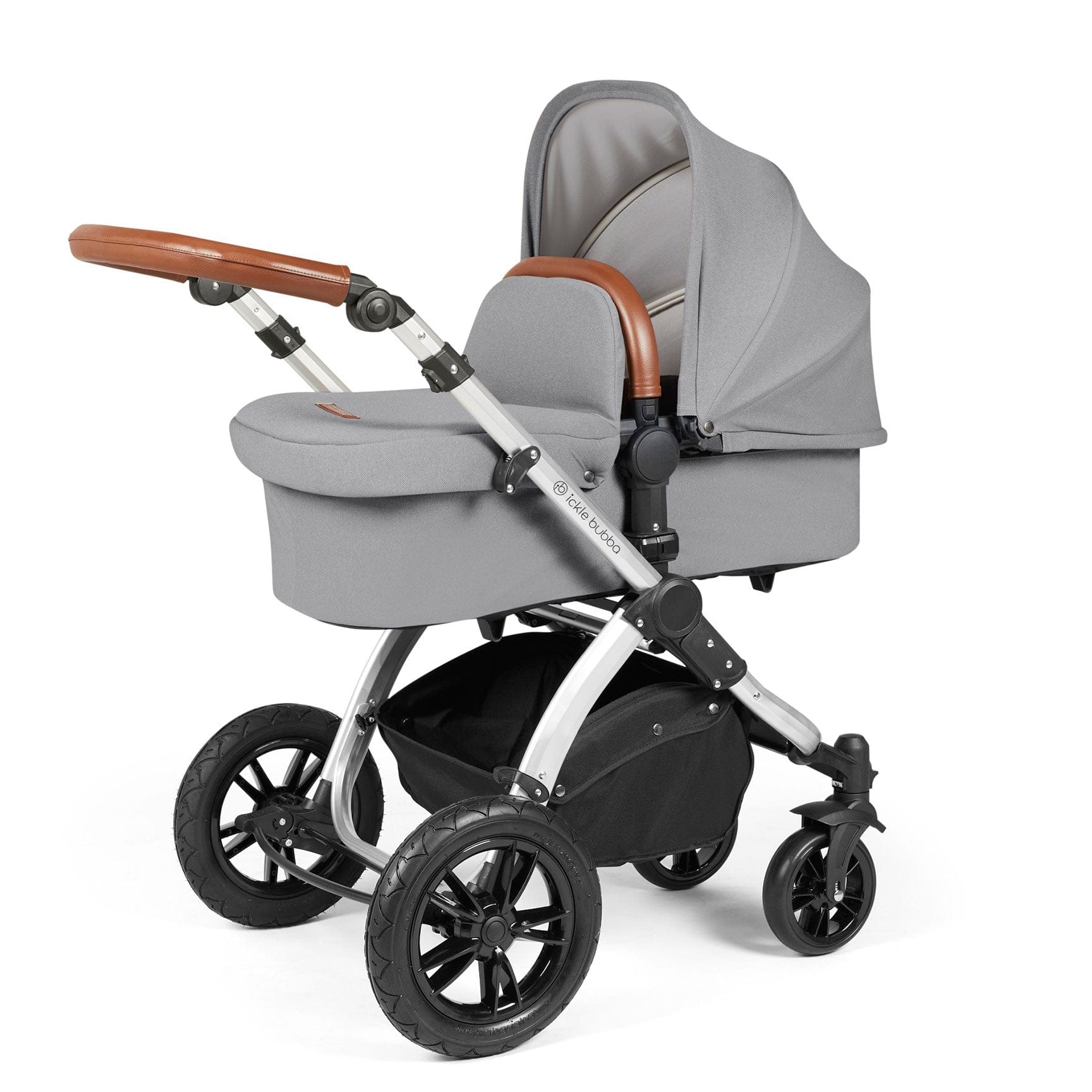 Ickle Bubba travel systems Ickle Bubba Stomp Luxe 2 in 1 Plus Pushchair & Carrycot - Silver/Pearl Grey/Tan 10-003-001-260