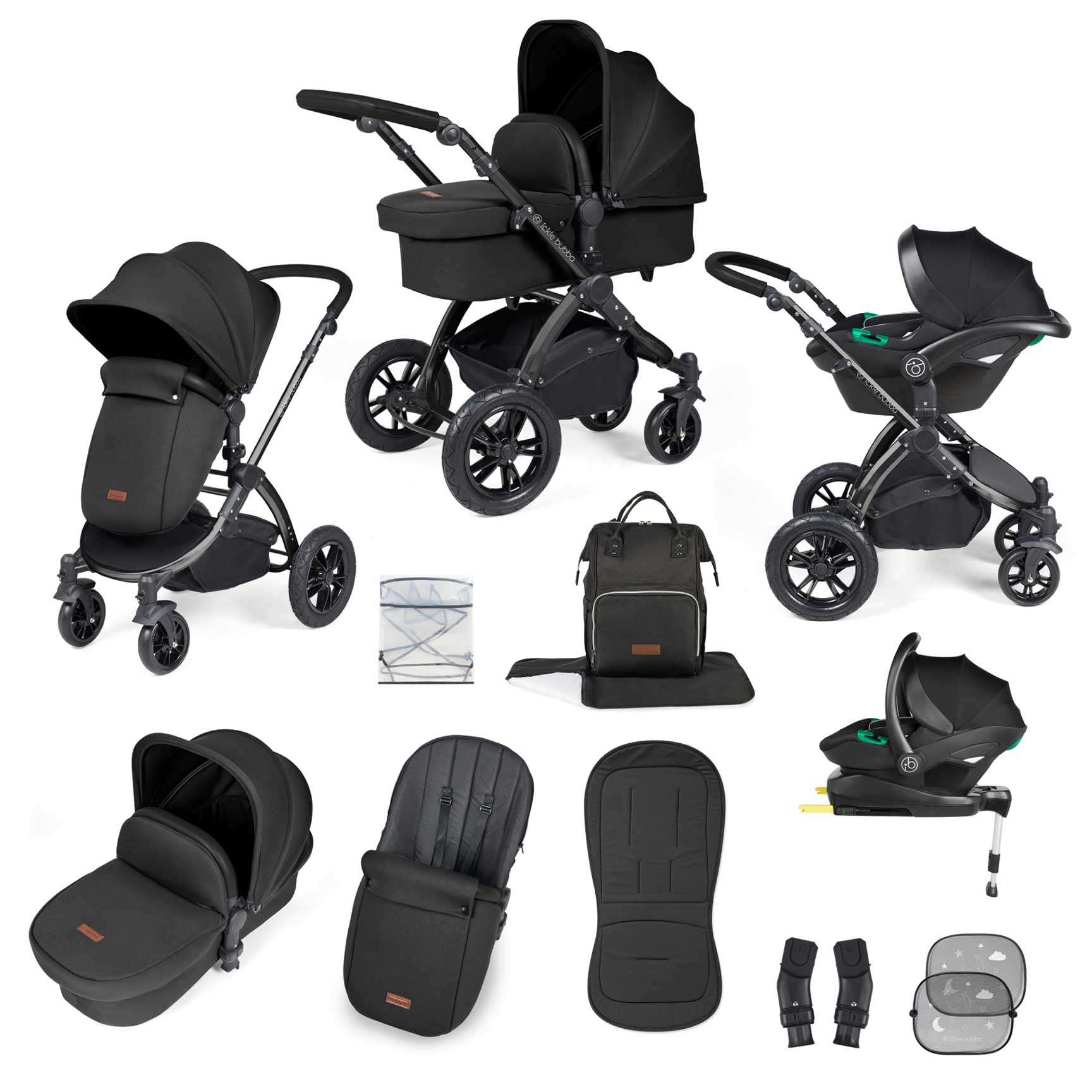 Ickle Bubba travel systems Ickle Bubba Stomp Luxe All-in-One Travel System with Isofix Base - Black/Midnight/Black 10-011-300-202