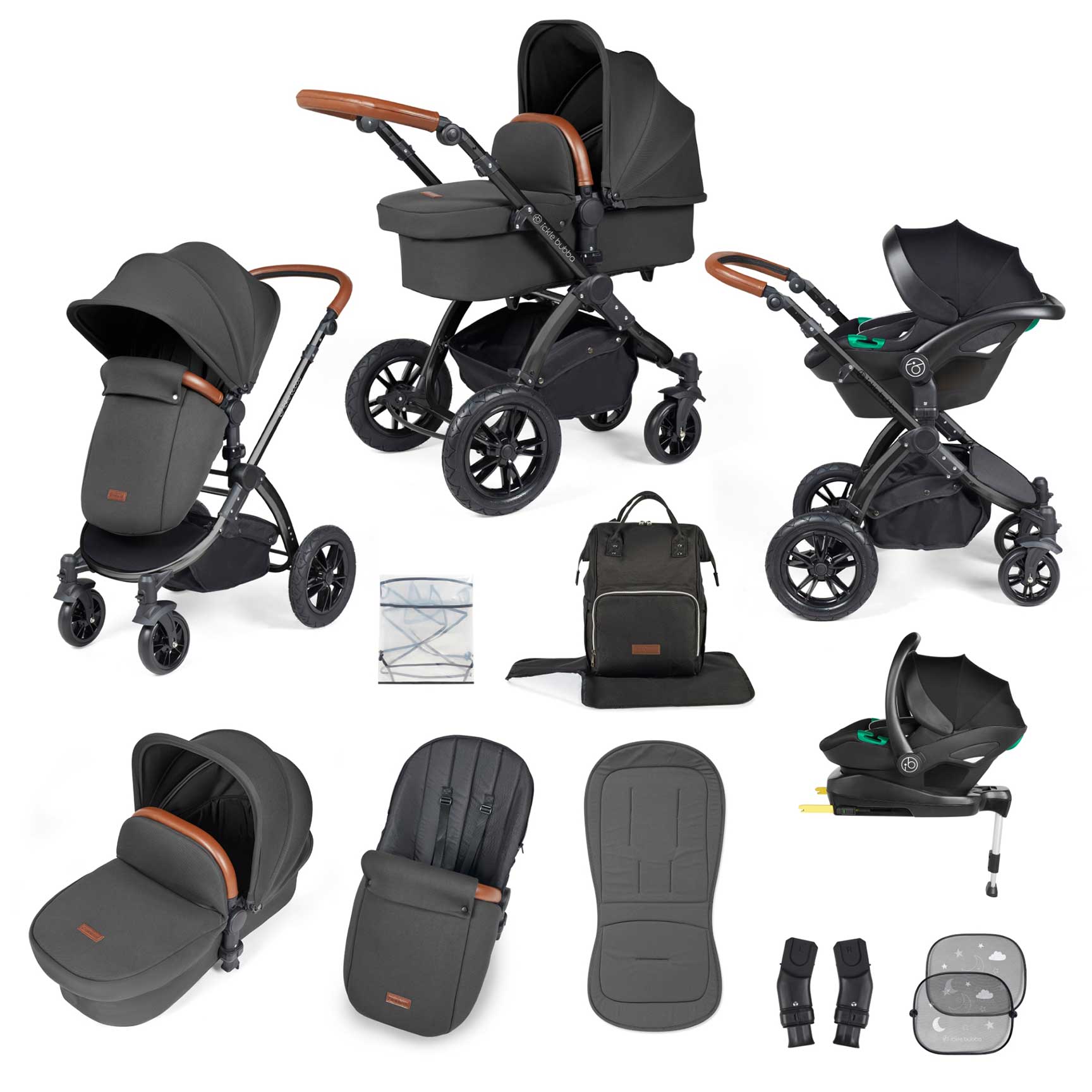 Ickle Bubba travel systems Ickle Bubba Stomp Luxe All-in-One Travel System with Isofix Base - Black/Charcoal Grey/Tan 10-011-300-207